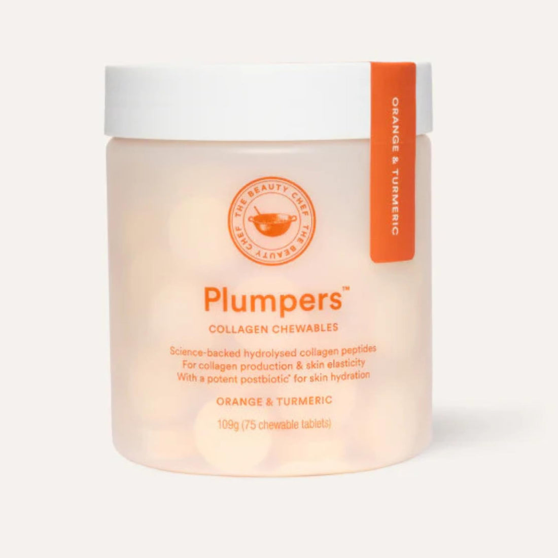 The Beauty Chef Plumpers™ Collagen Chewable Tablets with Hyaluronic Acid & Postbiotic, Supports Skin Elasticity & Collagen, Women's Multivitamin, Collagen Peptides, 75 Tablets (Orange & Turmeric) The Beauty ChefBuy Supplements Australia