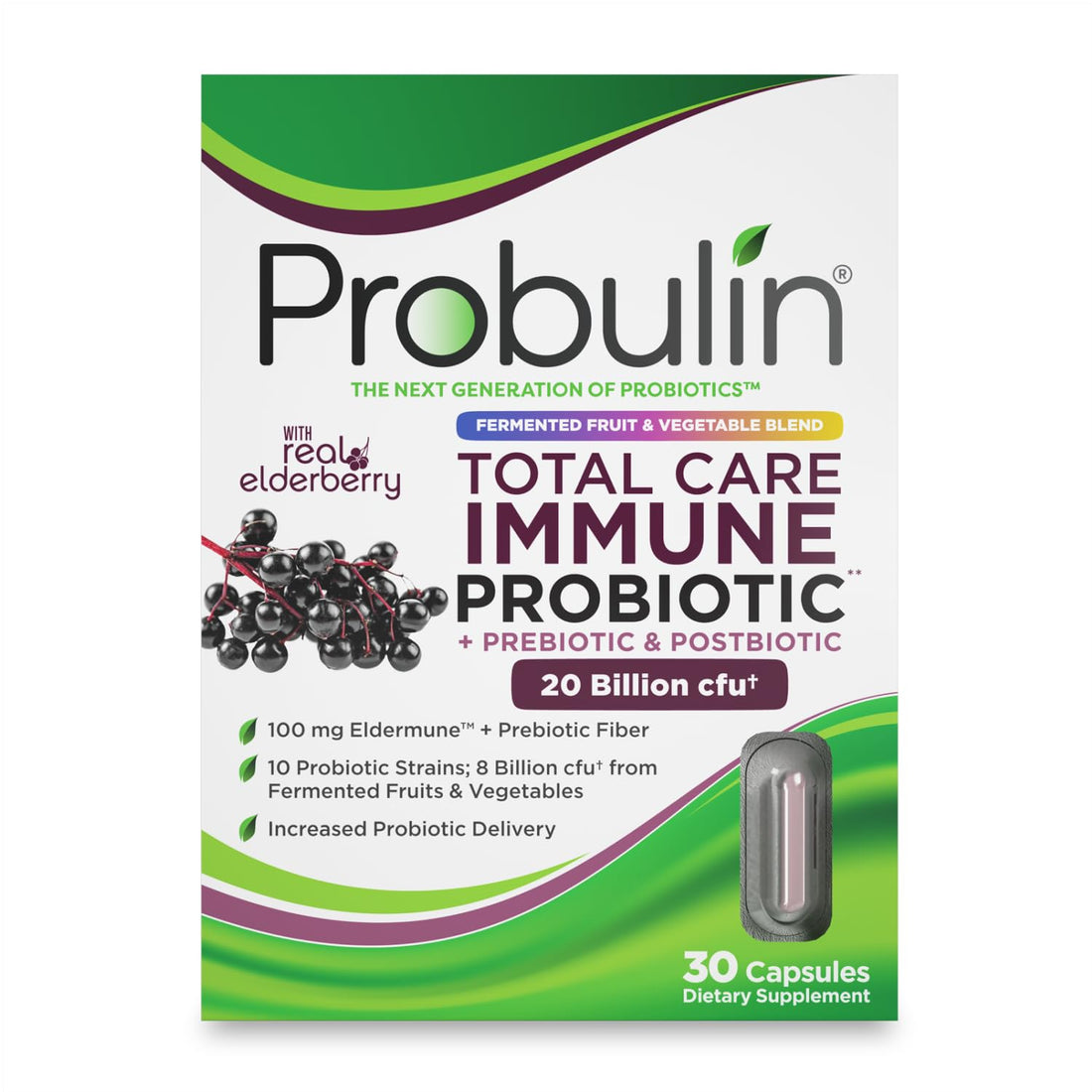 Probulin Total Care Immune = Prebiotics + Probiotics + Postbiotics + Elderberry to Support Immune & Gut Health - 20 Billion CFU - 10 Probiotic Strains, 30 Vegan Capsules ProbulinBuy Supplements Australia
