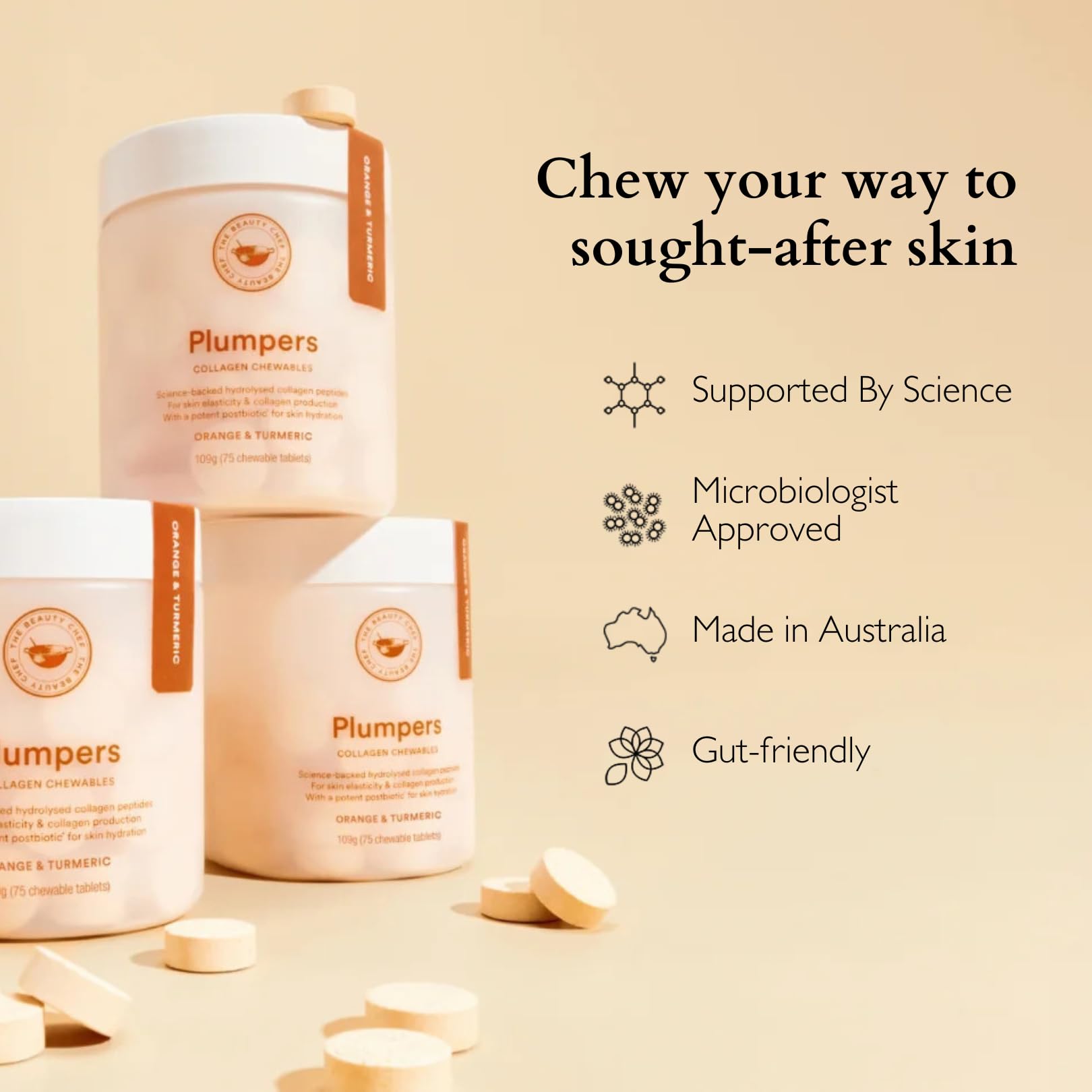 The Beauty Chef Plumpers™ Collagen Chewable Tablets with Hyaluronic Acid & Postbiotic, Supports Skin Elasticity & Collagen, Women's Multivitamin, Collagen Peptides, 75 Tablets (Orange & Turmeric) The Beauty ChefBuy Supplements Australia