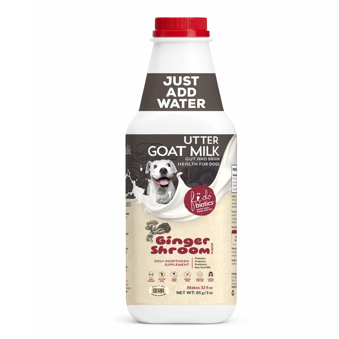 Fidobiotics Goat Milk Powder for Dogs, Mix and Serve Gut and Brain Health Support with Prebiotics, Probiotics, & Postbiotics, Ginger Shroom Flavor, 32oz FidobioticsBuy Supplements Australia