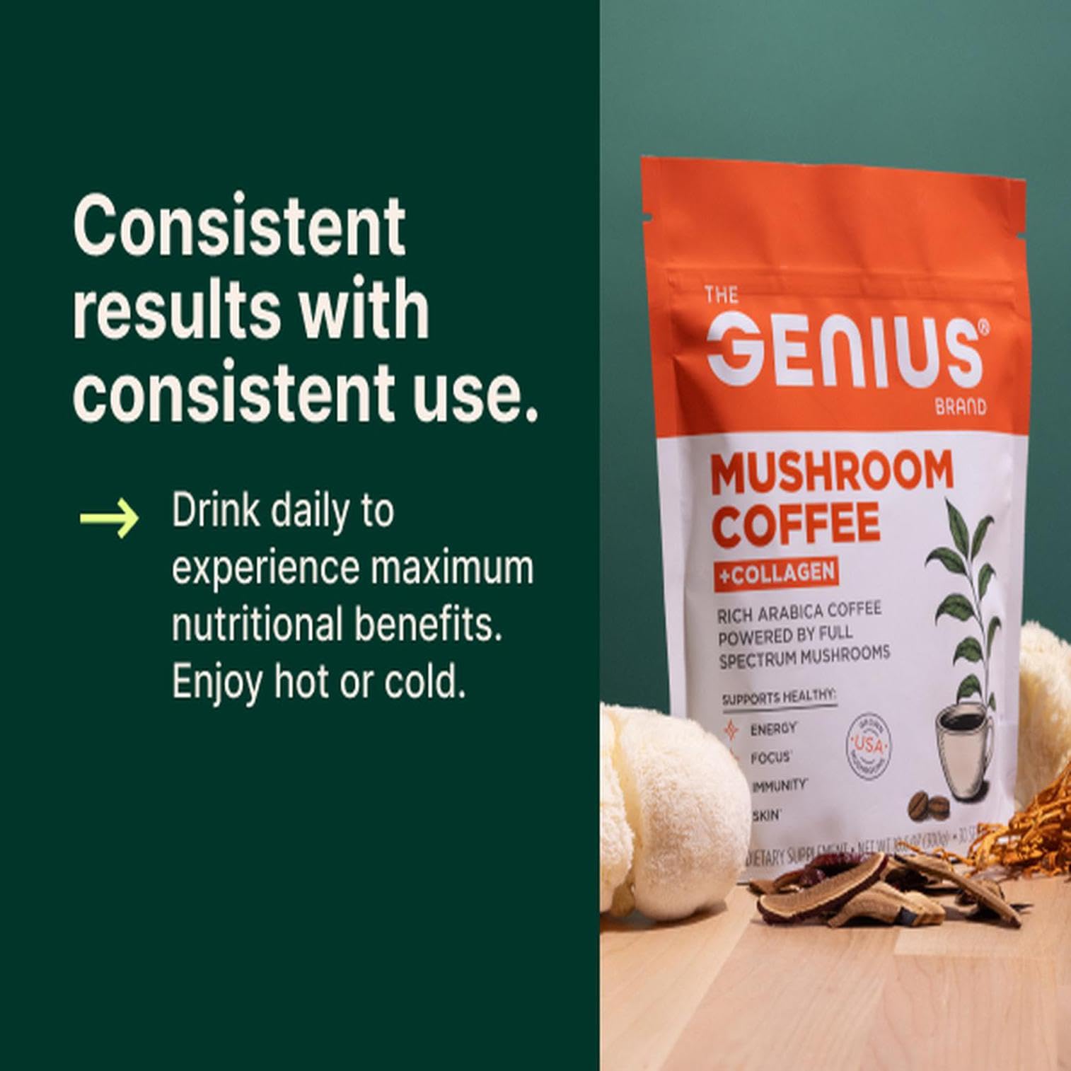 The Genius Brand Organic Mushroom Coffee + Collagen - Daily Energy Support - Healthy Immune Function - Arabica Coffee with Cordyceps, Reishi & Lion's Mane Mushroom Blend - 10.6 oz (30 Servings) The Genius BrandBuy Supplements Australia