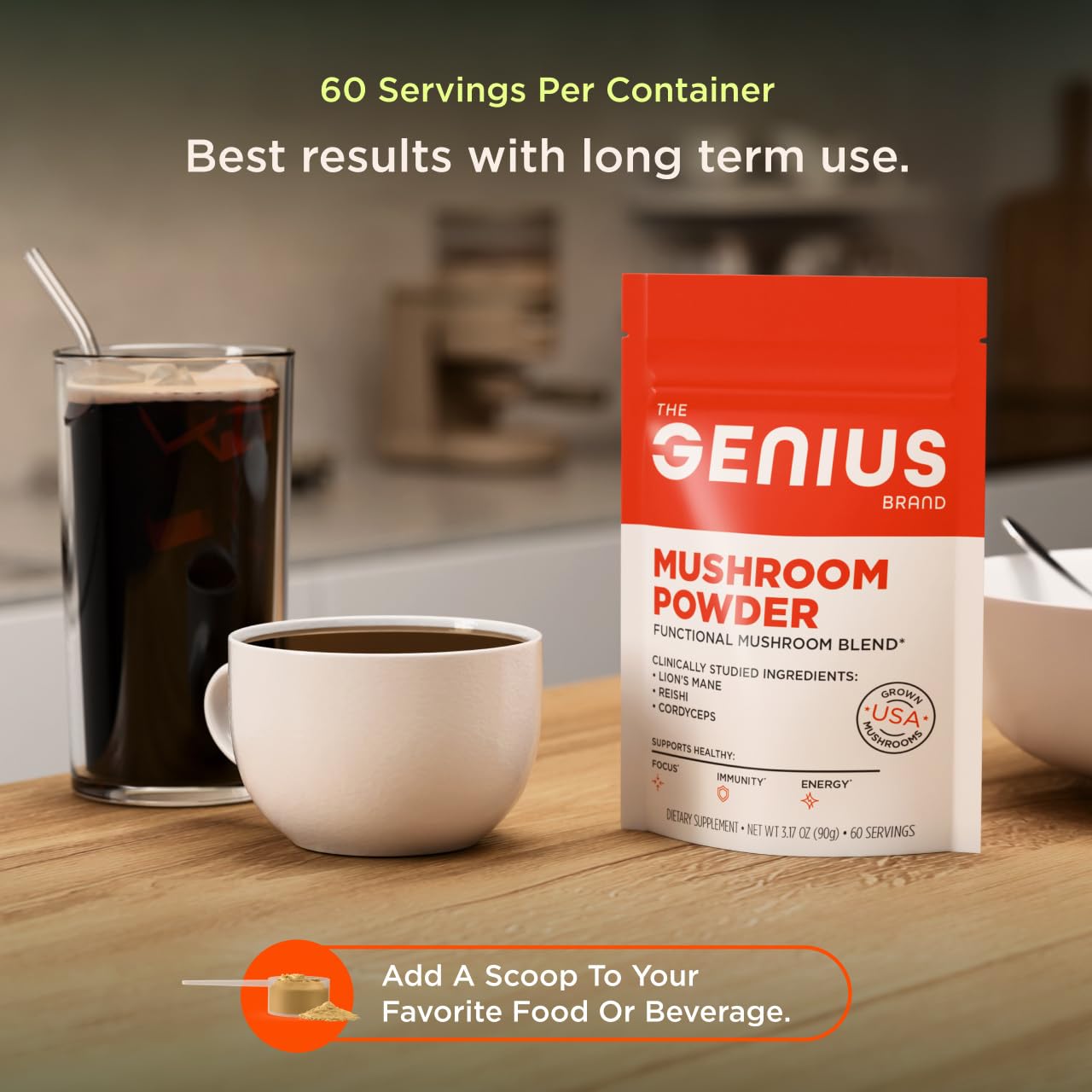The Genius Brand Mushroom Powder - Includes Lion's Mane, Cordyceps & Reishi - Supports Brain Health, Immune System & Energy Levels - USDA Organic Mushroom Powder - 3.17 oz (60 Servings) The Genius BrandBuy Supplements Australia
