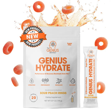 The Genius Brand Genius Hydrate - Electrolyte Supplement for Daily Hydration - Coconut Water - Sugar-Free - 8 Essential Minerals & Nutrients - Non-GMO - Sour Peach Rings - 20 Servings The Genius BrandBuy Supplements Australia