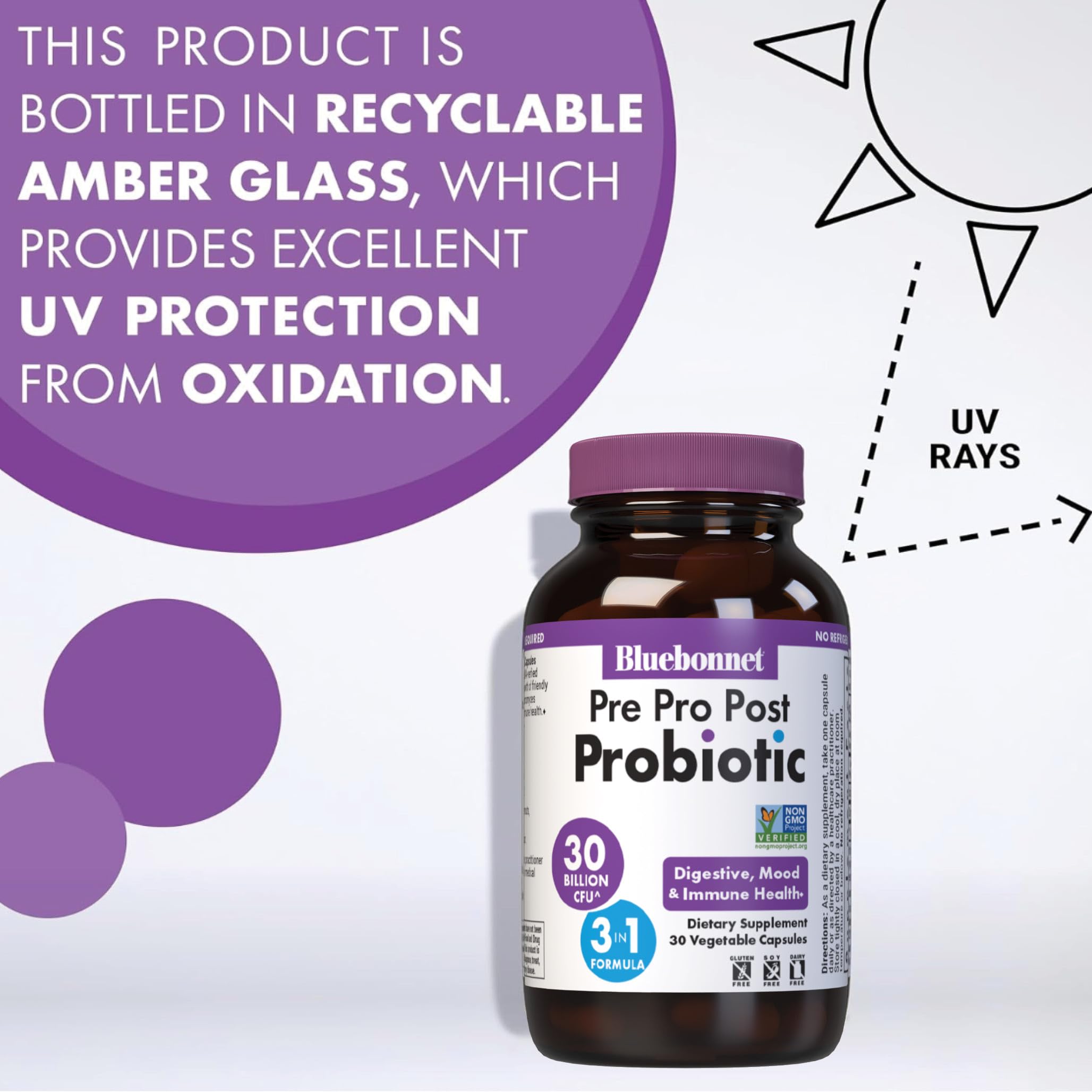 BlueBonnet Nutrition Pre Pro Post Probiotic 30 Billion CFU^ Shelf Stable – for Women & Men Digestion, Gut, Mood, Immune* - Free of Dairy, Gluten & Soy - Non-GMO - 30 Vegetable Capsules, 30 Servings BlueBonnetBuy Supplements Australia