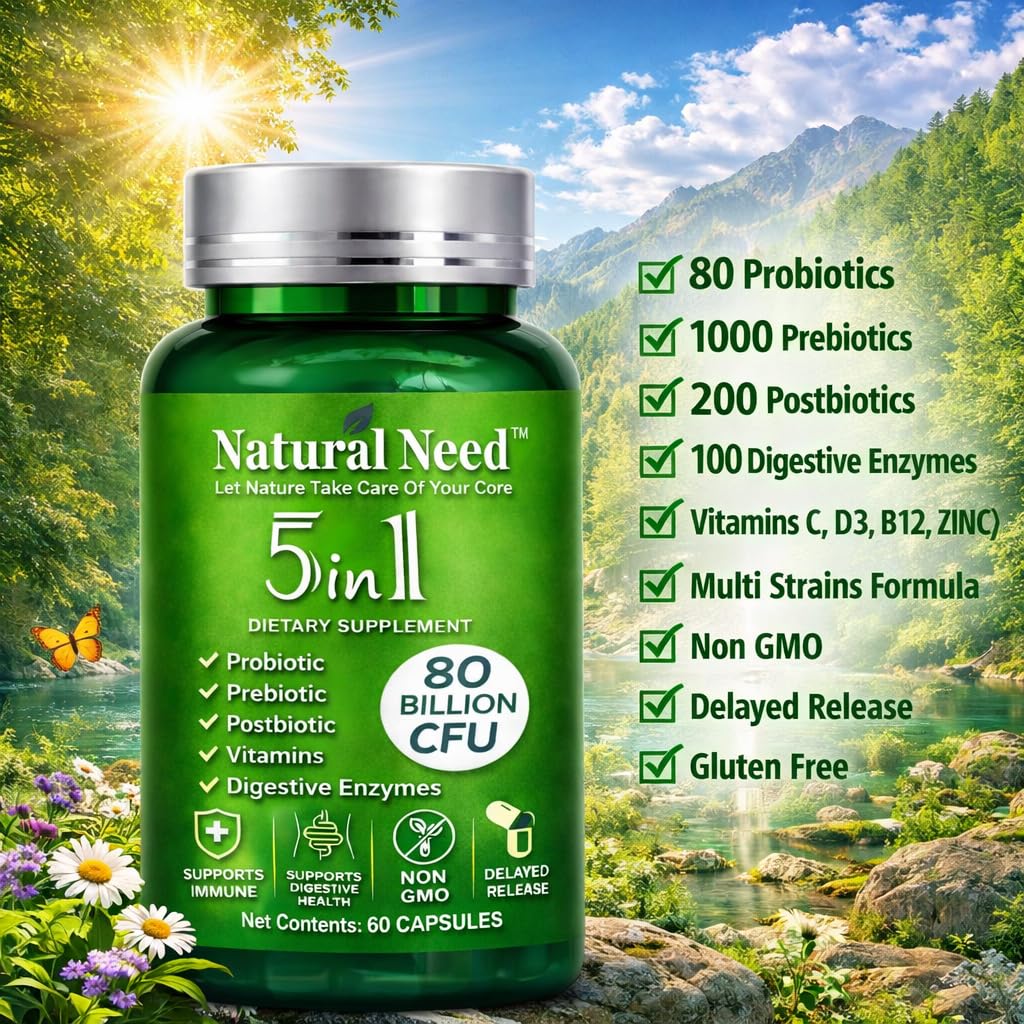 NATURAL NEED™ Gut Health – 5-in-1 Formula with Probiotics, Prebiotics, Postbiotics, Enzymes & Vitamins (C,D3,B12,Zinc) – Delayed Release Capsule – Supports Overall Digestion, Immunity & Gut – 60 Vegan NATURAL NEEDBuy Supplements Australia