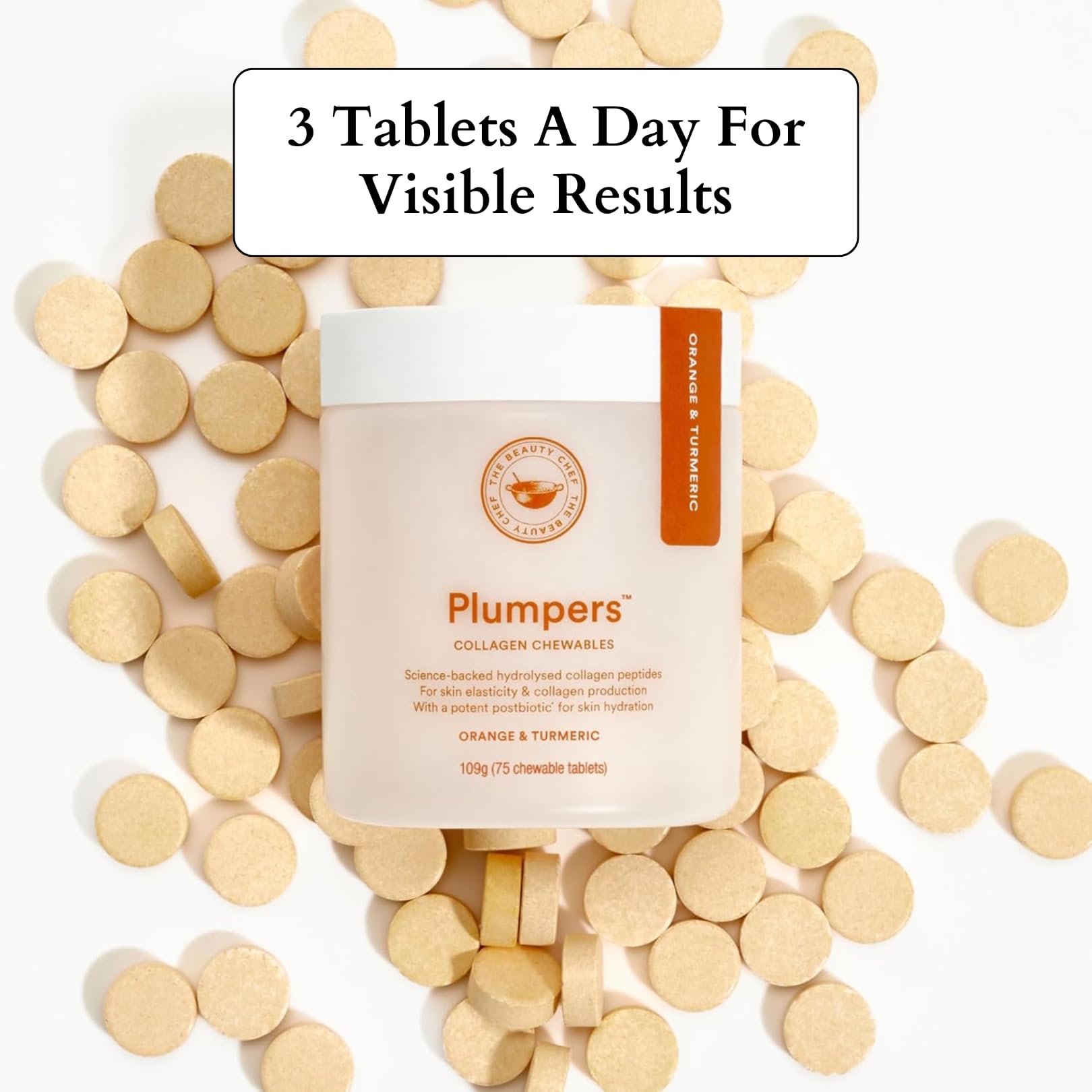 The Beauty Chef Plumpers™ Collagen Chewable Tablets with Hyaluronic Acid & Postbiotic, Supports Skin Elasticity & Collagen, Women's Multivitamin, Collagen Peptides, 75 Tablets (Orange & Turmeric) The Beauty ChefBuy Supplements Australia