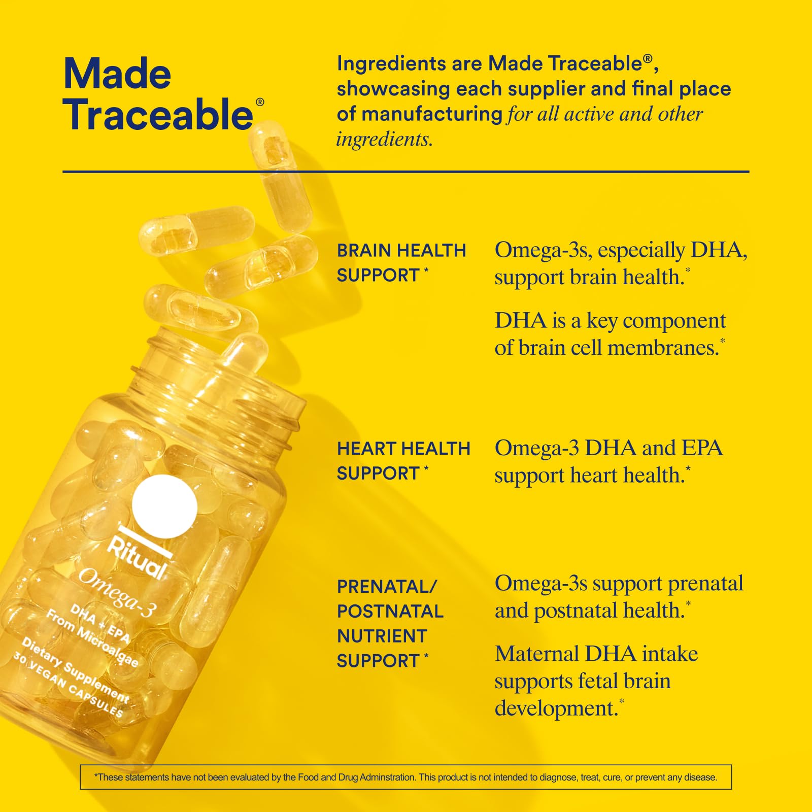 Ritual Omega 3 - Vegan - Science-Backed Dose of DHA & EPA Fatty Acids in 2:1 Ratio, Bioavailable, Brain and Heart Health Support, Minimal Burp-Back, Sustainably Sourced Microalgae, 30 Day Supply RitualBuy Supplements Australia