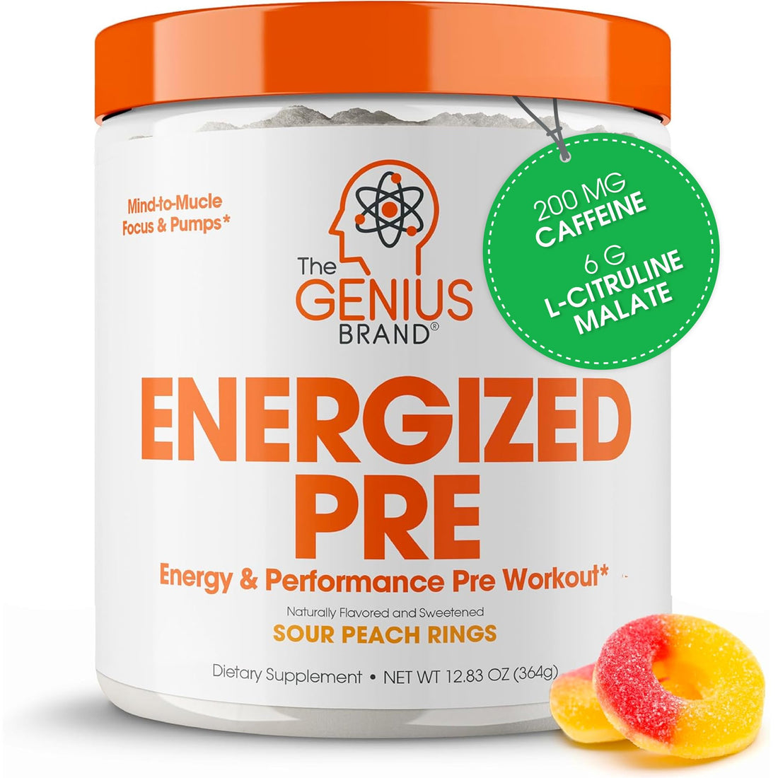 Genius Energized Pre Workout Powder – Caffeine Infused Pre-Workout Booster Supplement with Beta Alanine & Alpha GPC, No Artificial Sweeteners or Dyes - 200mg Caffeine, 20 Servings, Sour Peach Rings The Genius BrandBuy Supplements Australia