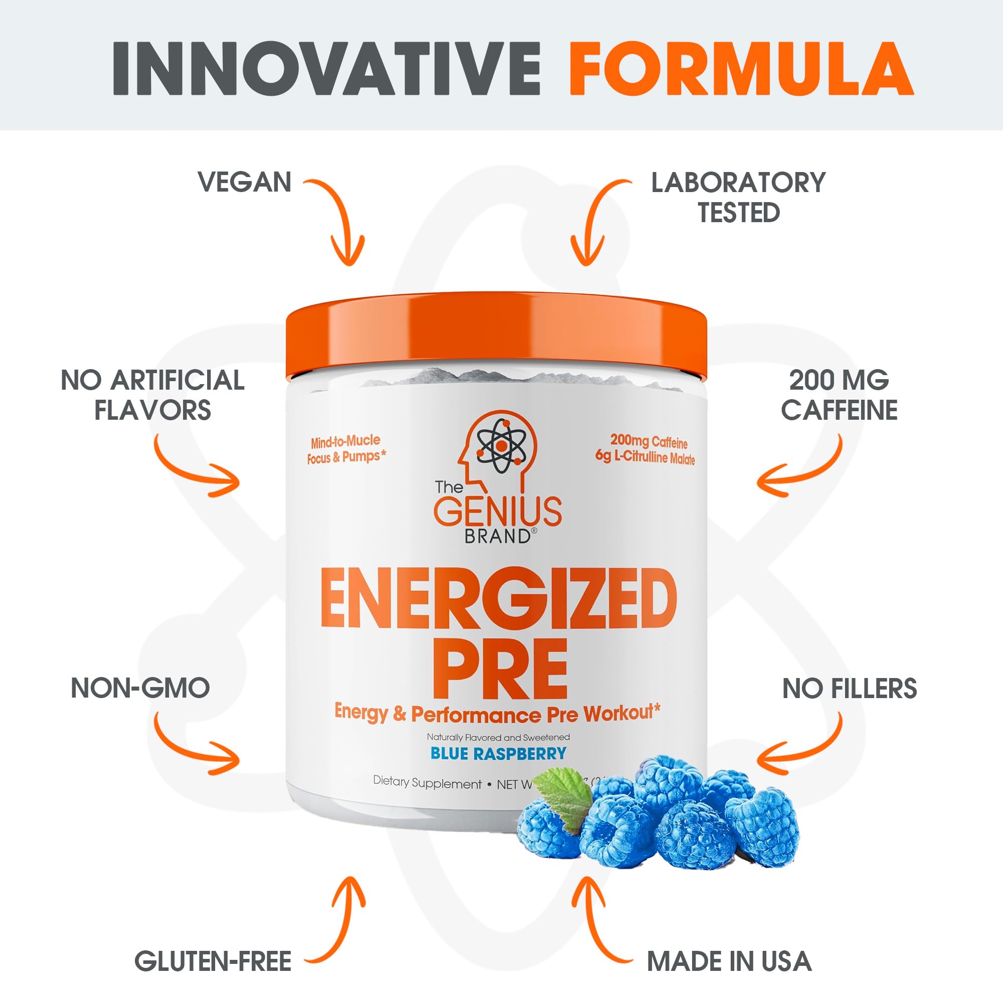 Genius Energized Pre Workout Powder – Caffeine Infused Pre-Workout Booster Supplement with Beta Alanine & Alpha GPC, No Artificial Sweeteners or Dyes - 200mg Caffeine, 20 Servings, Blue Raspberry The Genius BrandBuy Supplements Australia