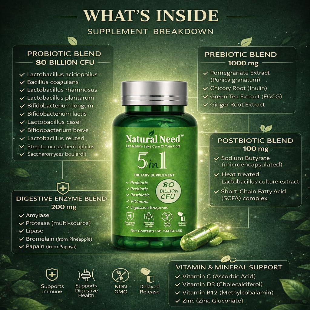 NATURAL NEED™ Gut Health – 5-in-1 Formula with Probiotics, Prebiotics, Postbiotics, Enzymes & Vitamins (C,D3,B12,Zinc) – Delayed Release Capsule – Supports Overall Digestion, Immunity & Gut – 60 Vegan NATURAL NEEDBuy Supplements Australia