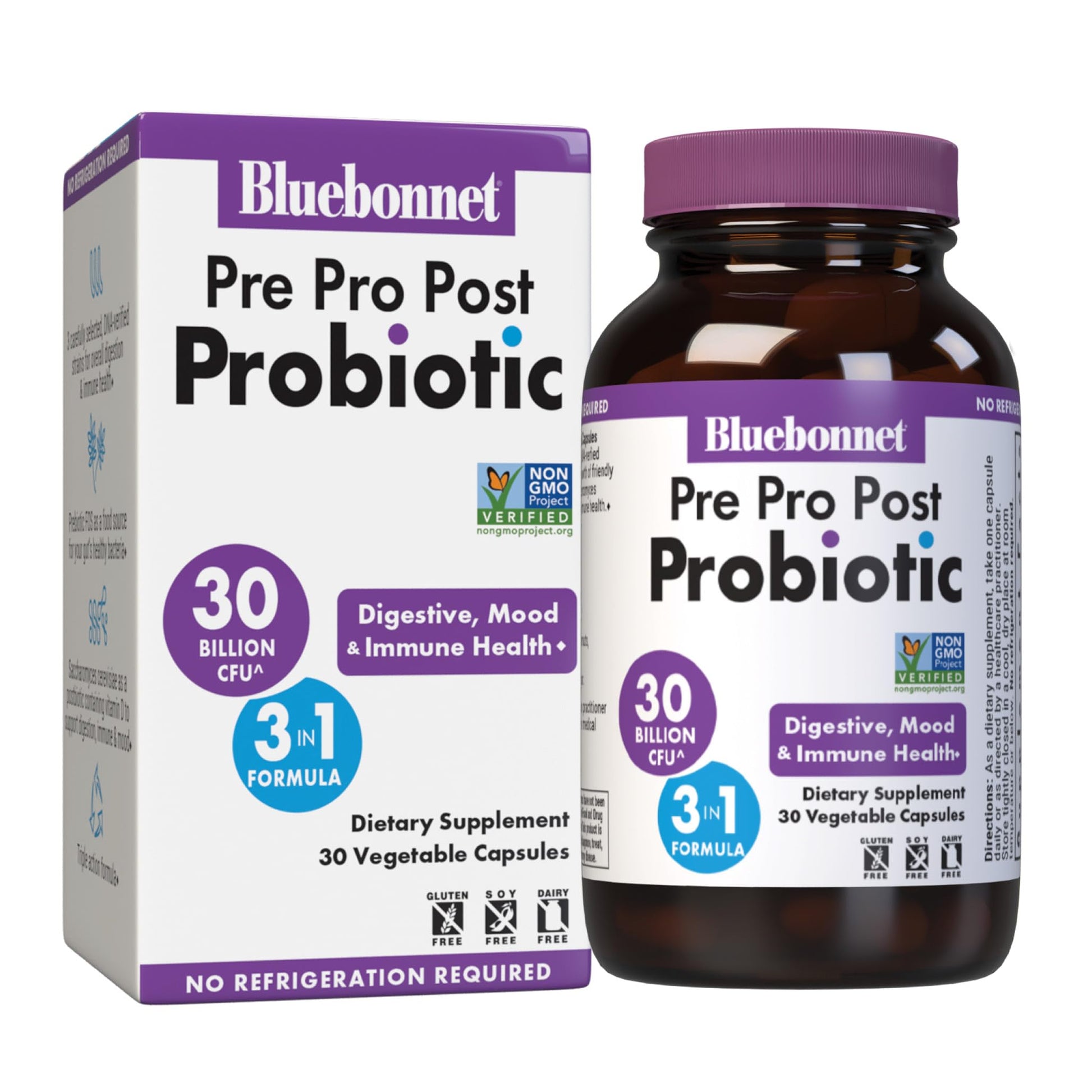 BlueBonnet Nutrition Pre Pro Post Probiotic 30 Billion CFU^ Shelf Stable – for Women & Men Digestion, Gut, Mood, Immune* - Free of Dairy, Gluten & Soy - Non-GMO - 30 Vegetable Capsules, 30 Servings BlueBonnetBuy Supplements Australia