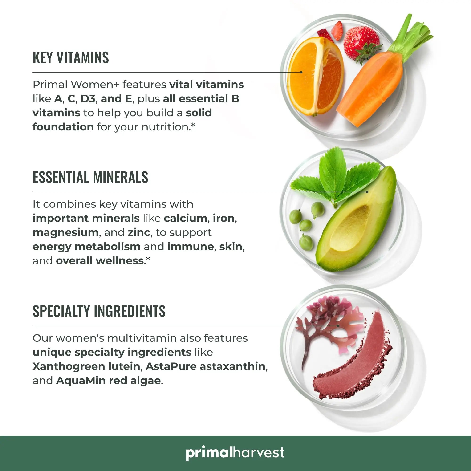 Primal Harvest Women+, Woman's Multivitamin Vitamin A, Vitamin C, Vitamin D and E, Vitamin B12, B6, Biotin, Zinc Supplements,1 Pack 60 Capsules Primal Harvest