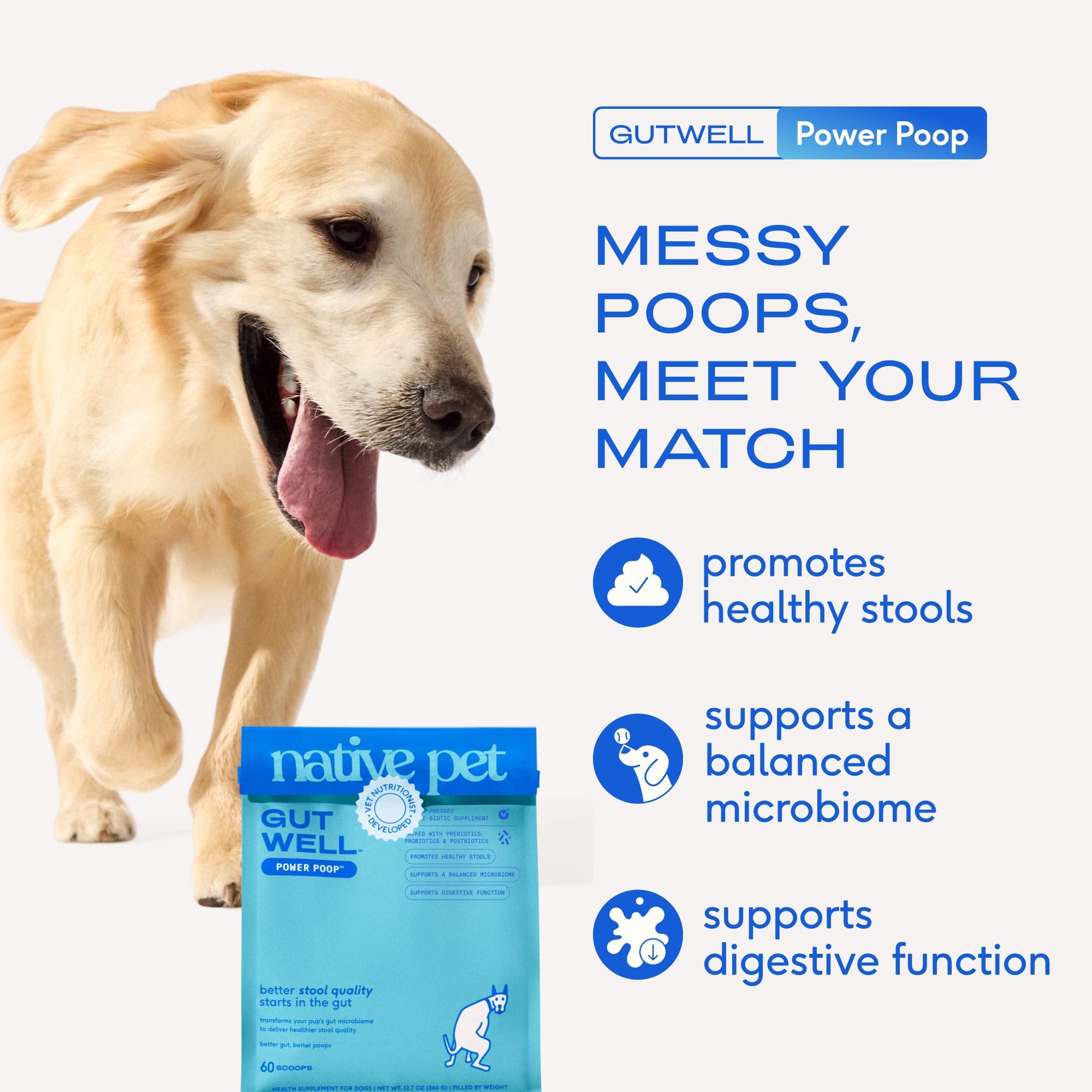 GutWell Power Poop - Digestive Enzymes & Fiber for Dogs - Dog Fiber Supplements Help with Diarrhea Relief, Upset Stomach, Pet Gas & Gut Health with Targeted Triple-Biotic Blend & M-Fiber - 60 Scoops Native PetBuy Supplements Australia