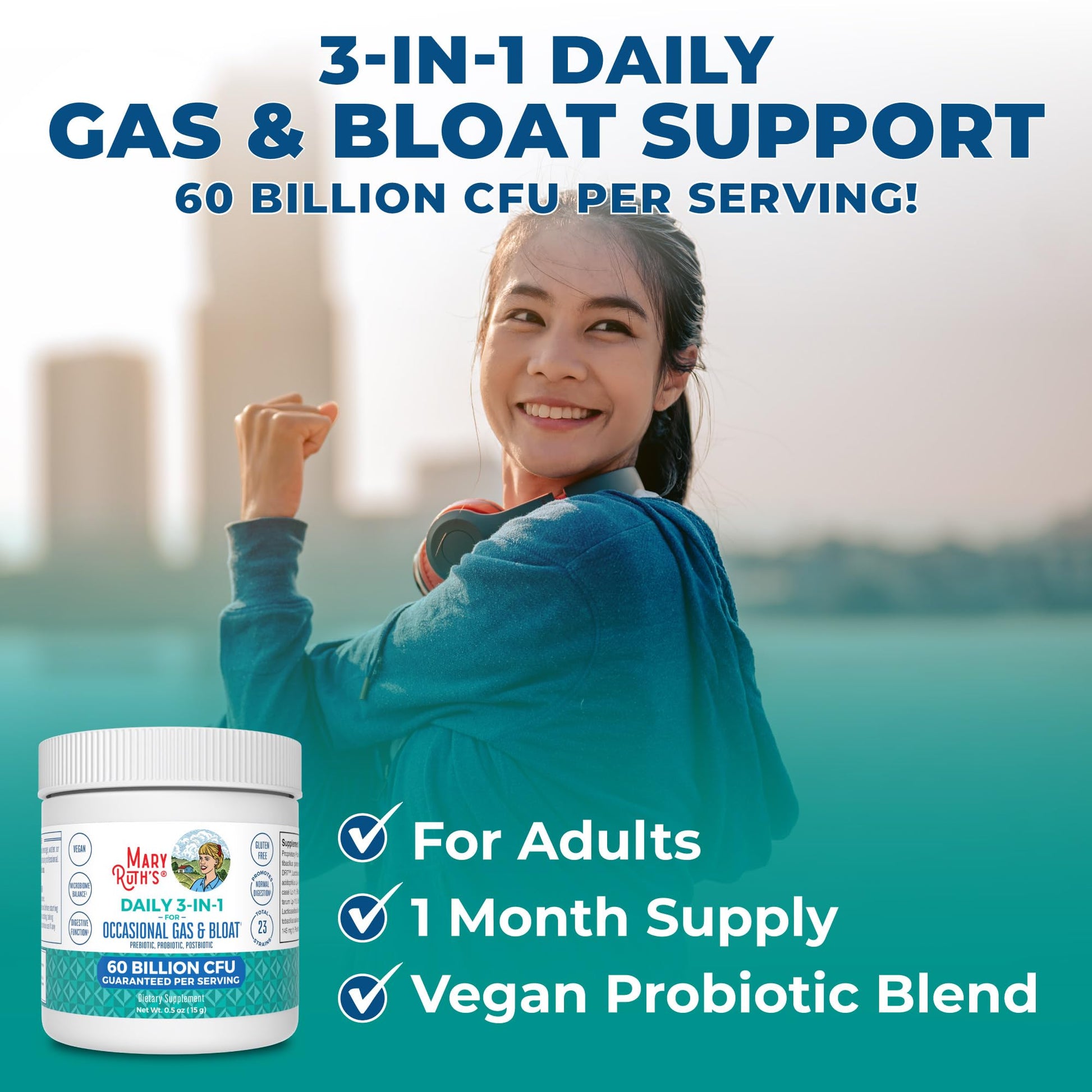 MARYRUTH'S 3-in-1 Gas & Bloat Probiotic Powder | Probiotics for Normal Digestive Function | Probiotics for Women & Men | Prebiotics & Postbiotics | 60 Billion CFU | 23 Unique Strains | 0.5 oz MARYRUTH'SBuy Supplements Australia