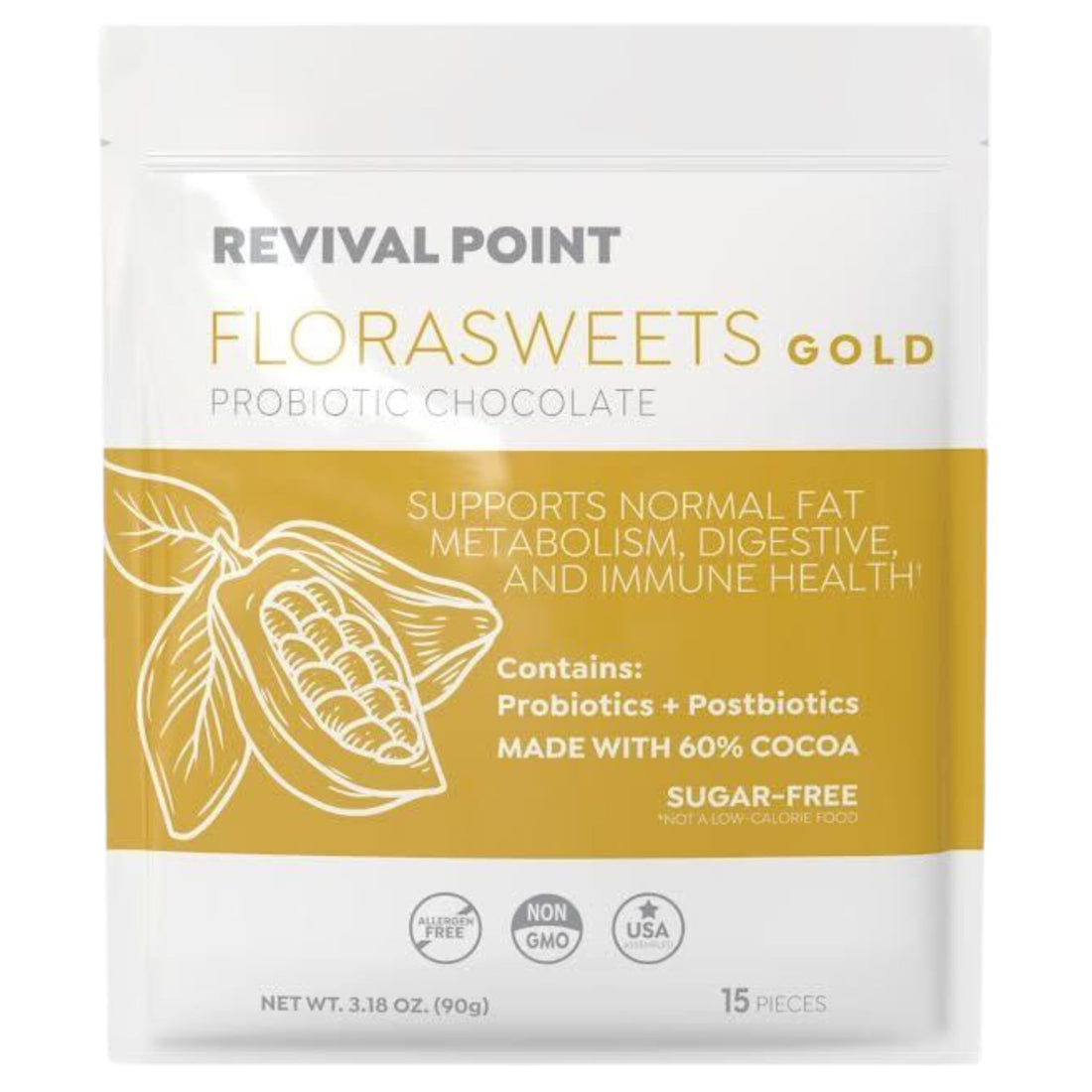 Revival Point Florasweets Gold Chocolate Bites with Probiotic + Postbiotic Stains DE111 & BPL1 - Indivally Wrapped - Supports Digestive & Gut Health Bacillus subtilis (1) Revival PointBuy Supplements Australia