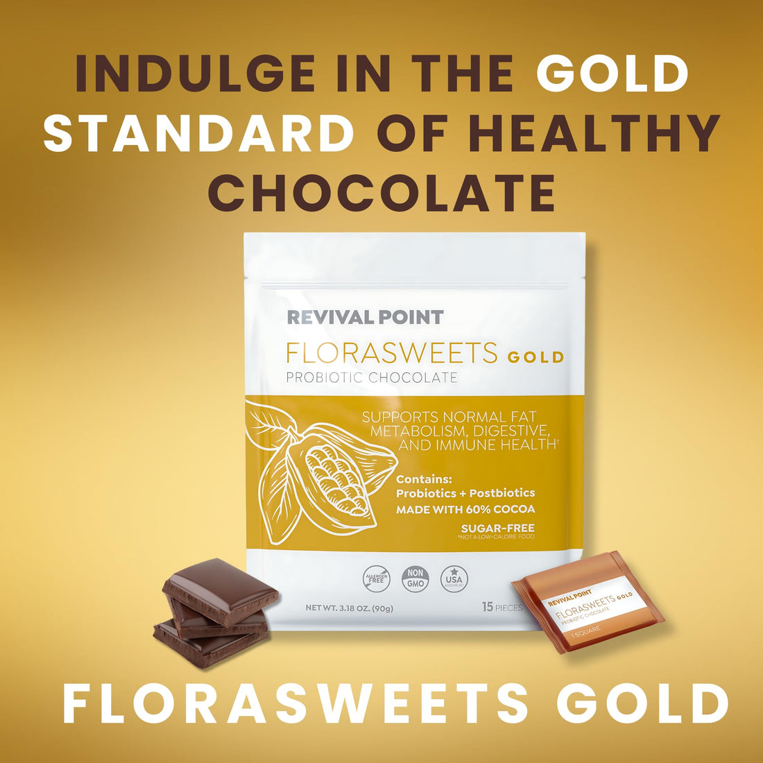 Revival Point Florasweets Gold Chocolate Bites with Probiotic + Postbiotic Stains DE111 & BPL1 - Indivally Wrapped - Supports Digestive & Gut Health Bacillus subtilis (1) Revival PointBuy Supplements Australia