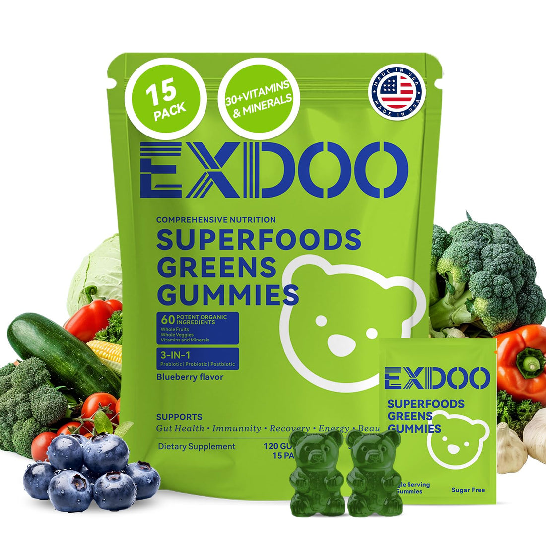 exdoo Super Greens Fiber Gummies Multivitamin Superfood Gummy with Spirulina Chlorella Prebiotic Probiotic Postbiotic for Digestive Health Supplement 15 Packs 120 Gummies exdooBuy Supplements Australia