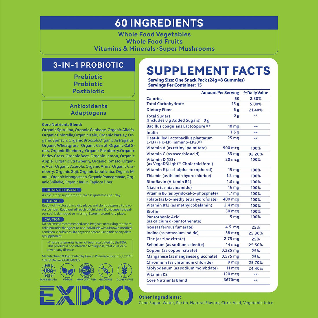 exdoo Super Greens Fiber Gummies Multivitamin Superfood Gummy with Spirulina Chlorella Prebiotic Probiotic Postbiotic for Digestive Health Supplement 15 Packs 120 Gummies exdooBuy Supplements Australia