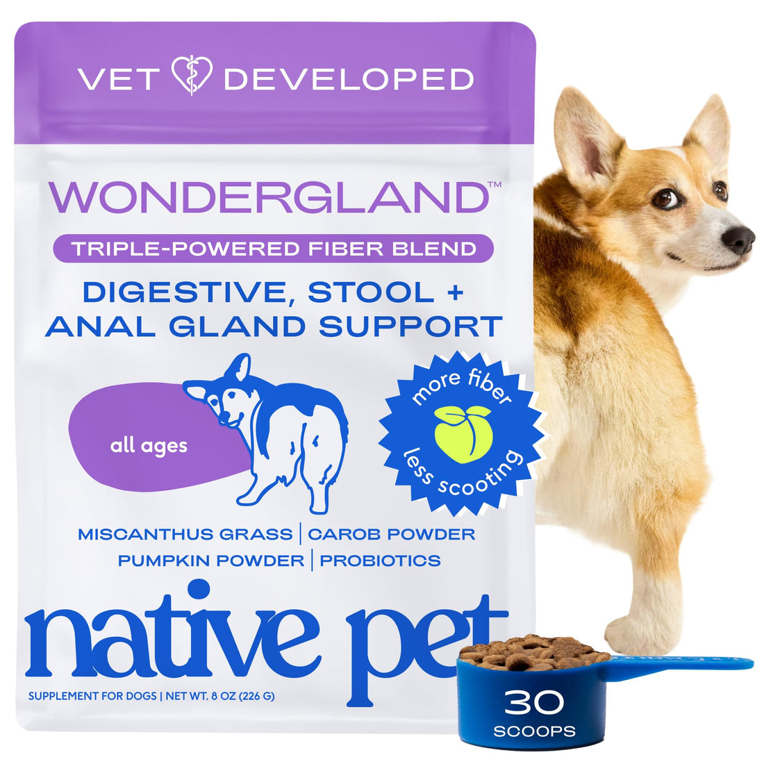 Native Pet WonderGland - Dog Anal Gland Supplement - Promotes Firm Stools, Natural Gland Expression to Help Reduce Scooting - Fiber Food Topper with Miscanthus Grass, Pumpkin & Probiotics - 30 Scoops Native PetBuy Supplements Australia