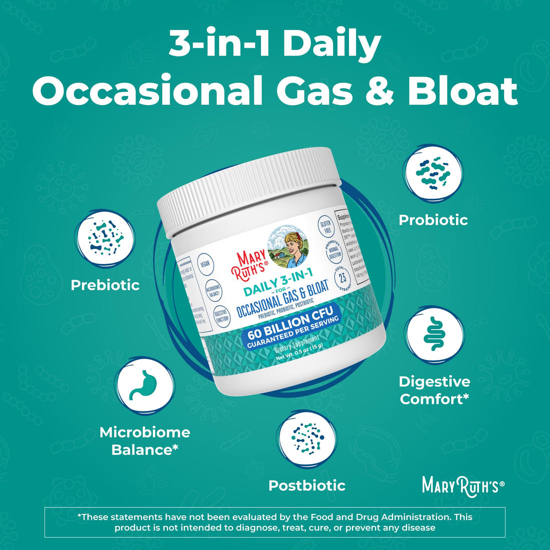MARYRUTH'S 3-in-1 Gas & Bloat Probiotic Powder | Probiotics for Normal Digestive Function | Probiotics for Women & Men | Prebiotics & Postbiotics | 60 Billion CFU | 23 Unique Strains | 0.5 oz MARYRUTH'SBuy Supplements Australia