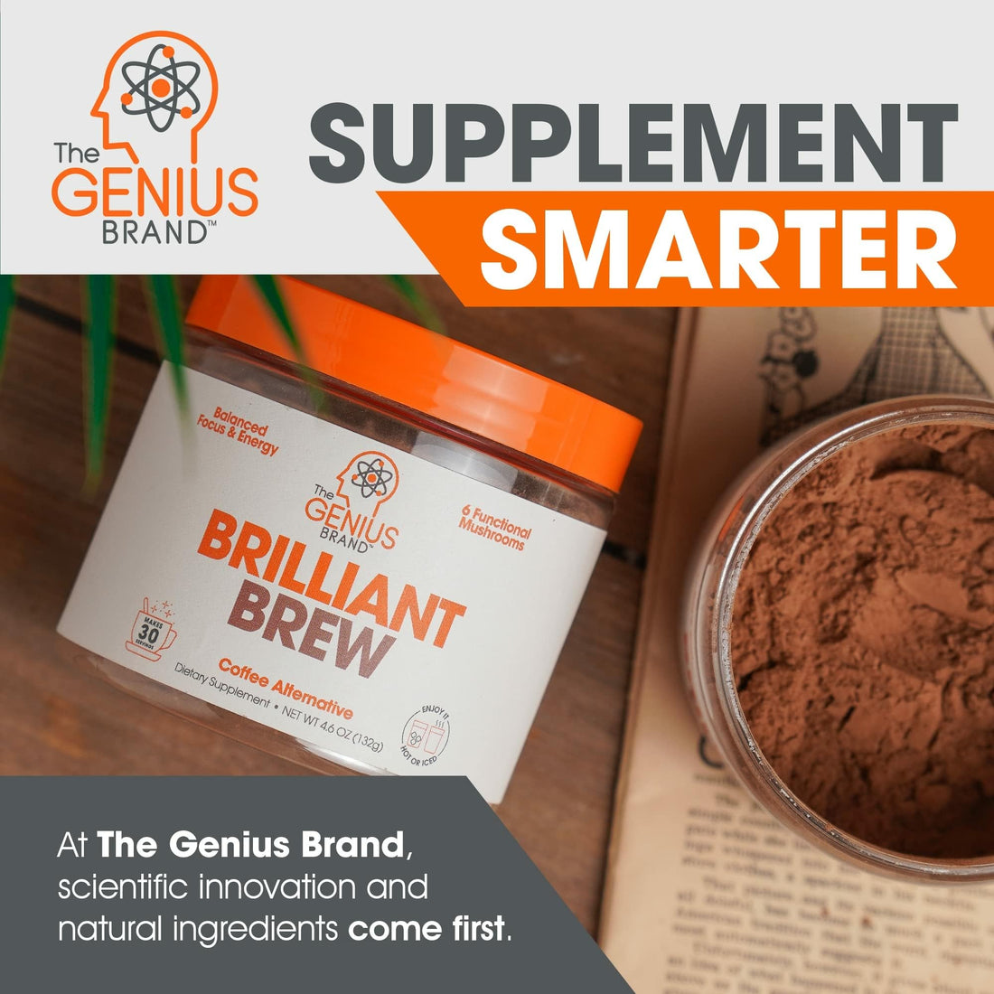 The Genius Brand Genius Brilliant Brew - Natural Coffee Substitute for Clear Thinking, Energy & Immune Support - No Crash or Jitters - Powered by Nootropics - Non-GMO - 30 Servings - Sweet Cocoa The Genius BrandBuy Supplements Australia