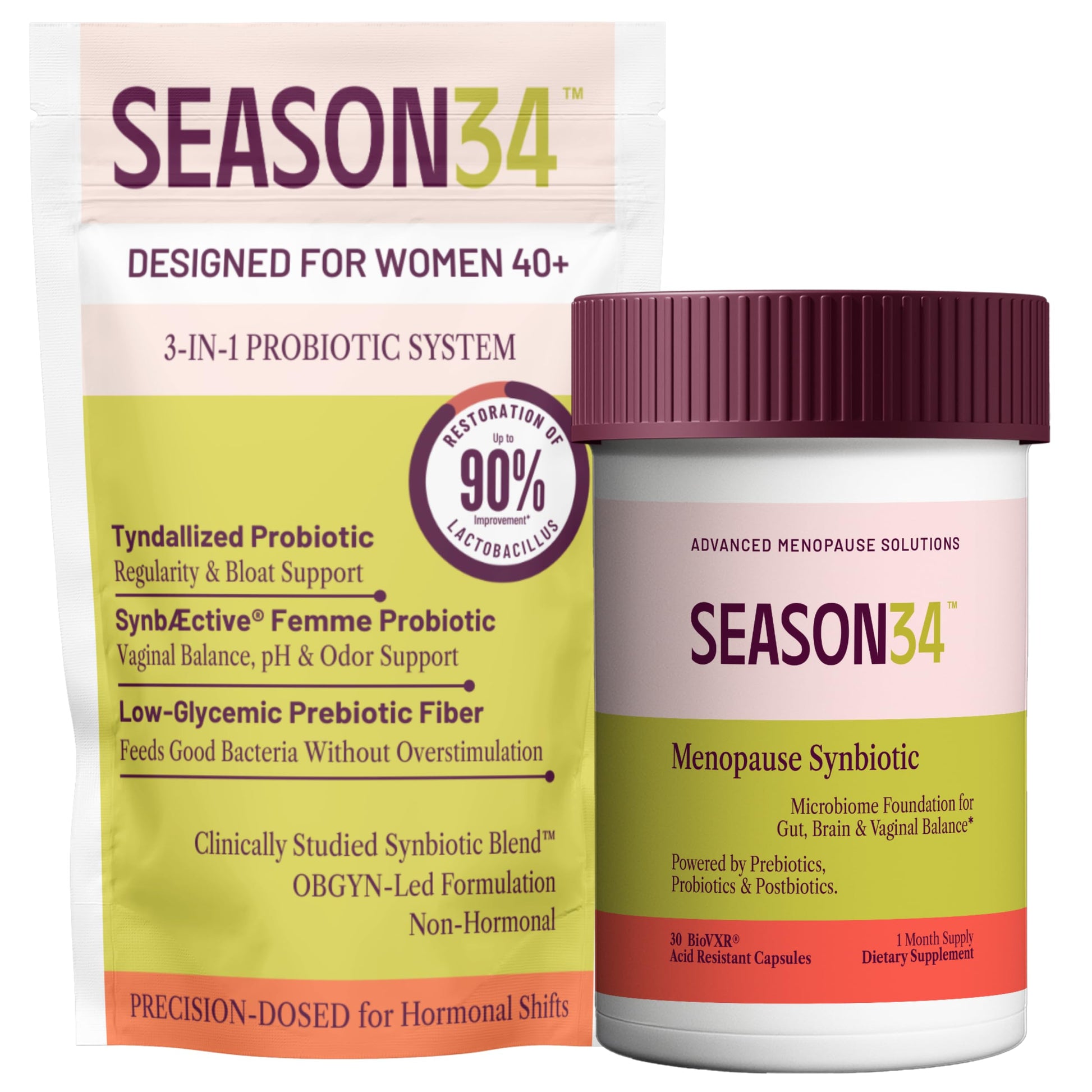 SEASON34 3-in-1 Menopause Probiotic for Women 40+ | Vaginal Care, pH, Odor & Intimate Comfort + Skin, Gut & Bloat Support | with Prebiotic Fiber & Postbiotics | 30 Capsules, 1 Month Supply SEASON34Buy Supplements Australia