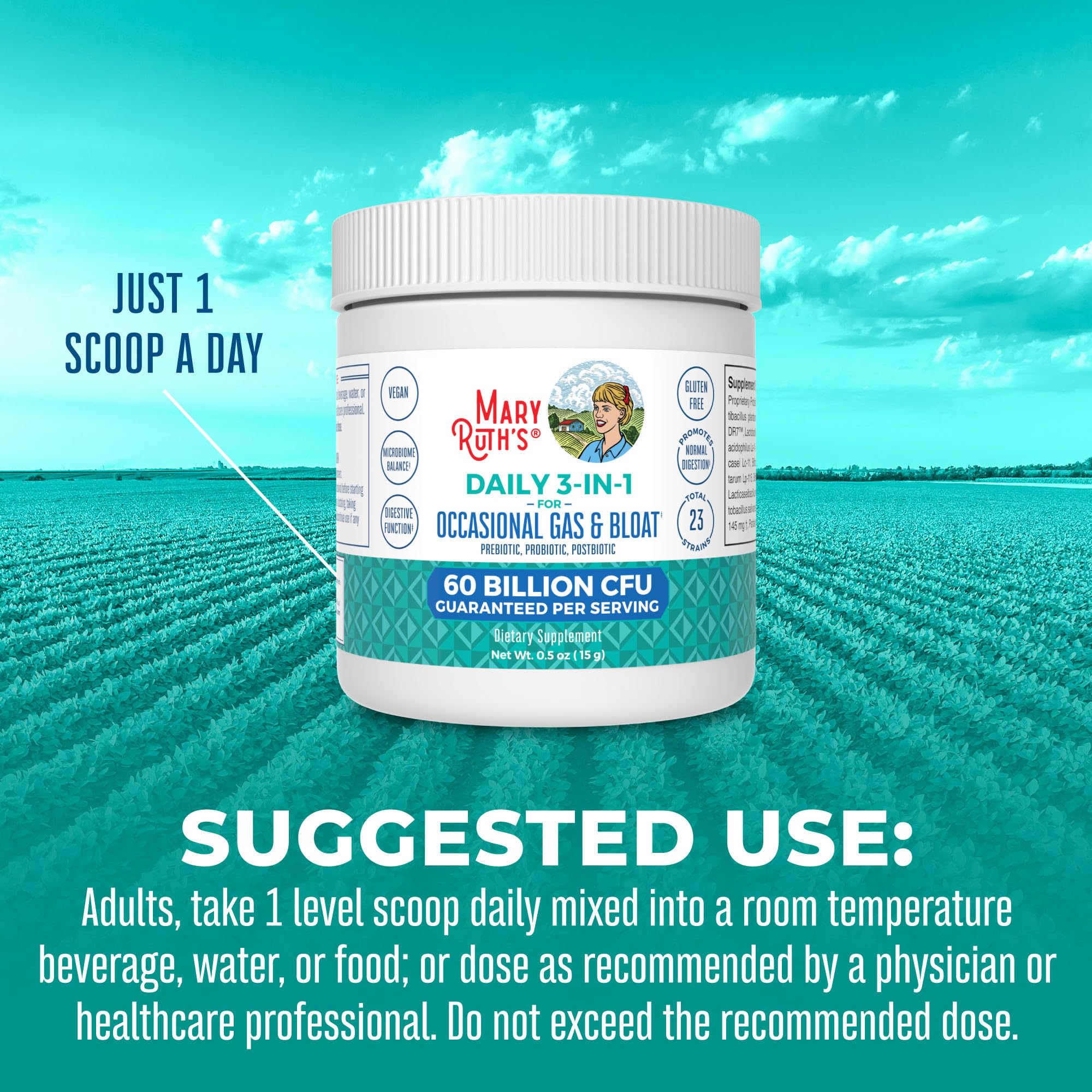 MARYRUTH'S 3-in-1 Gas & Bloat Probiotic Powder | Probiotics for Normal Digestive Function | Probiotics for Women & Men | Prebiotics & Postbiotics | 60 Billion CFU | 23 Unique Strains | 0.5 oz MARYRUTH'SBuy Supplements Australia