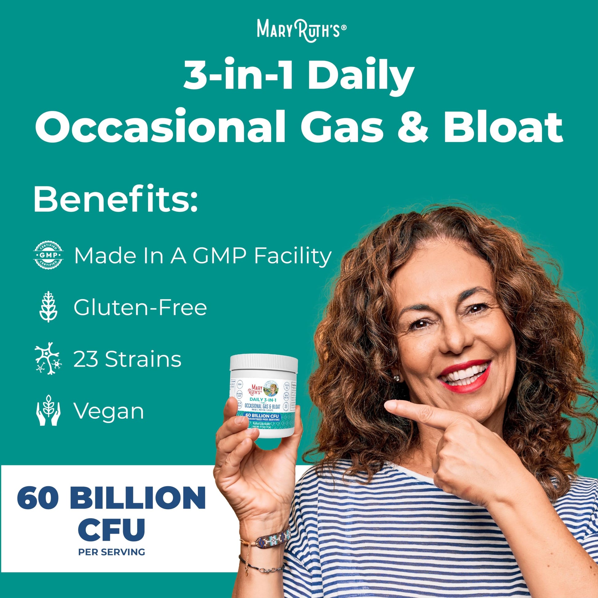 MARYRUTH'S 3-in-1 Gas & Bloat Probiotic Powder | Probiotics for Normal Digestive Function | Probiotics for Women & Men | Prebiotics & Postbiotics | 60 Billion CFU | 23 Unique Strains | 0.5 oz MARYRUTH'SBuy Supplements Australia