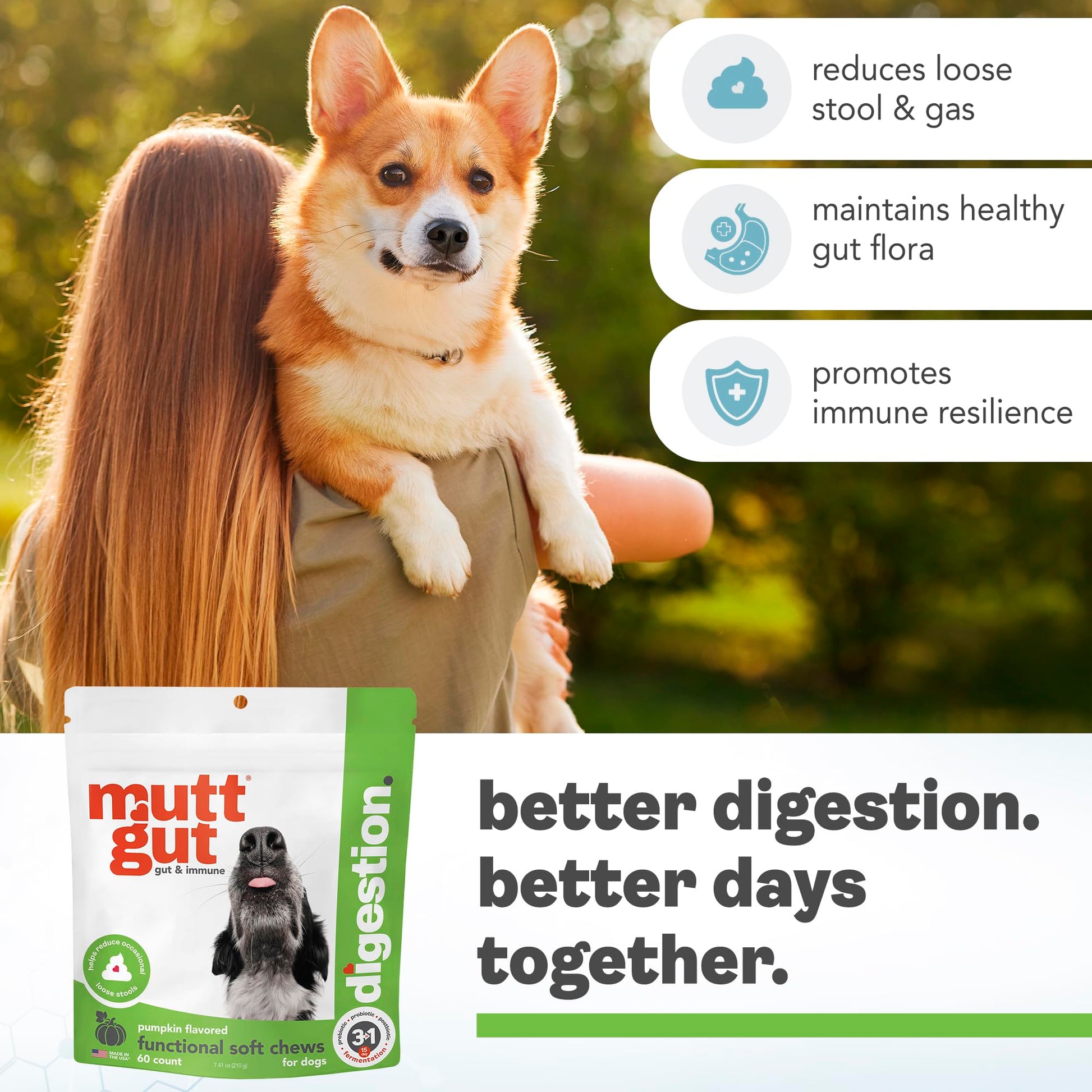 MuttGut® 3-in-1 Puppy & Dog Probiotics + Prebiotics + Postbiotics Chews - Promotes Digestive Health, Supports Immune System and Overall Health - Dog Diarrhea Relief & Immune Support - 60 Soft Chews MUTTGUTBuy Supplements Australia