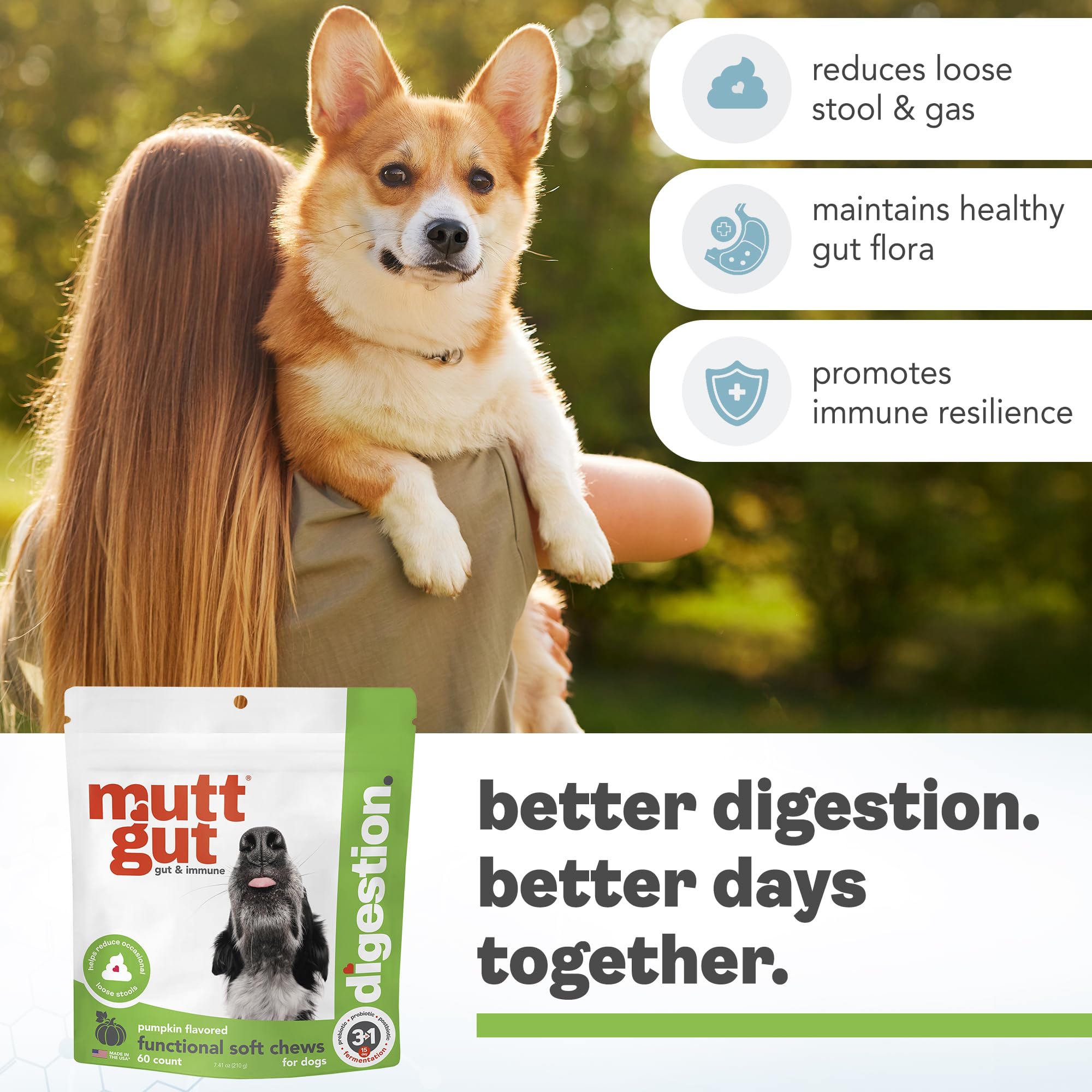 MuttGut® 3-in-1 Puppy & Dog Probiotics + Prebiotics + Postbiotics Chews - Promotes Digestive Health, Supports Immune System and Overall Health - Dog Diarrhea Relief & Immune Support - 60 Soft Chews MUTTGUTBuy Supplements Australia