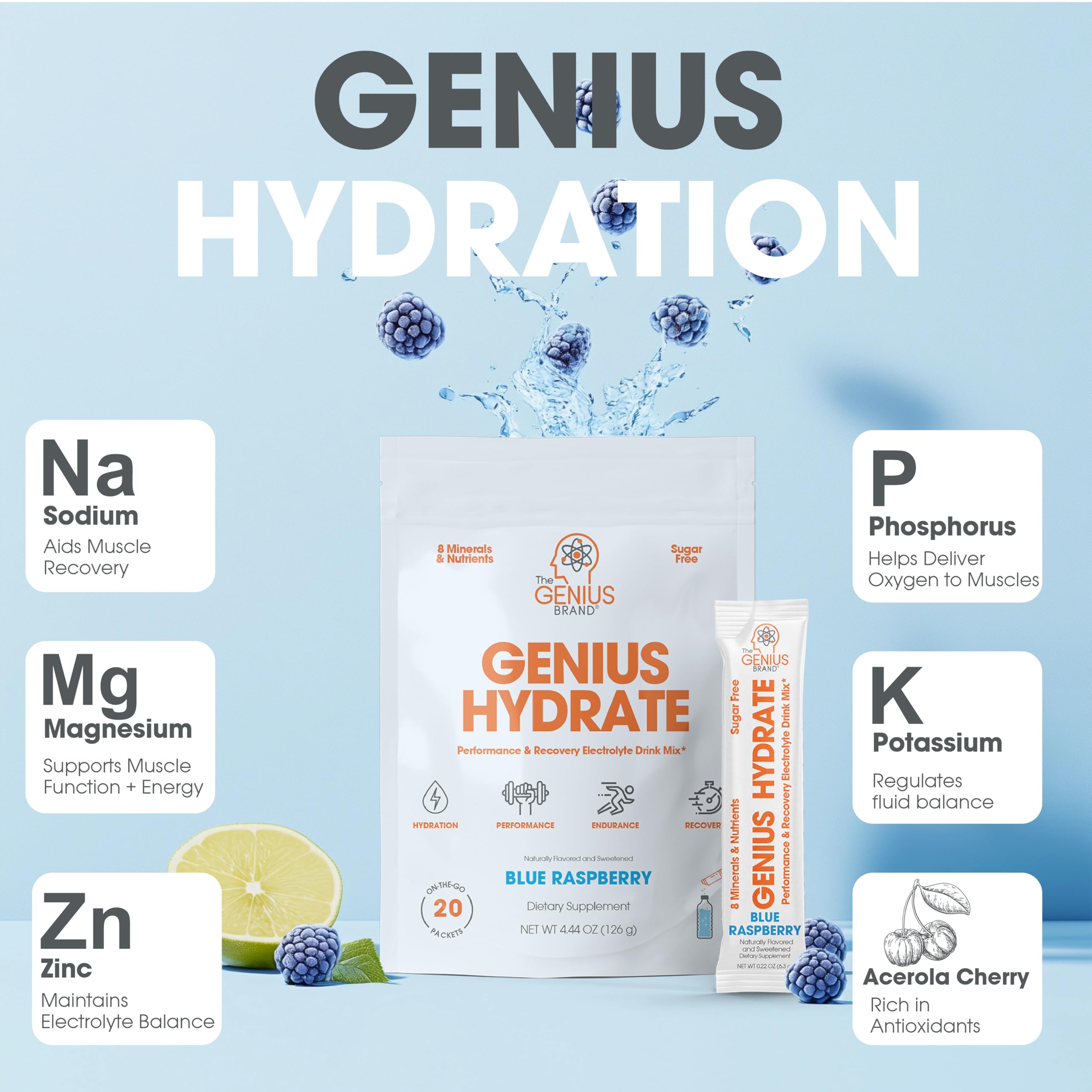 The Genius Brand - Genius Hydrate Stick Pack Powder Drink Mix – Blue Raspberry Flavor, Natural Electrolyte Booster with Coconut Water & Potassium for Ultimate Hydration - 20 Packets The Genius BrandBuy Supplements Australia