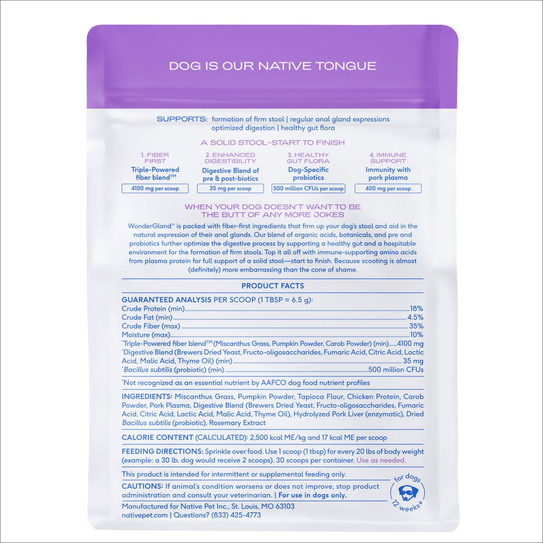 Native Pet WonderGland - Dog Anal Gland Supplement - Promotes Firm Stools, Natural Gland Expression to Help Reduce Scooting - Fiber Food Topper with Miscanthus Grass, Pumpkin & Probiotics - 30 Scoops Native PetBuy Supplements Australia