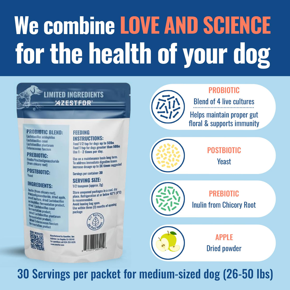 Azestfor Gut Health Supplement for Dogs – 3 in 1 Probiotic, Prebiotic & Postbiotic Blend – Supports Digestion, Immunity & Skin – Easy-to-Use Powder – for All Breeds & Sizes – 60g (30 Servings) AzestforBuy Supplements Australia