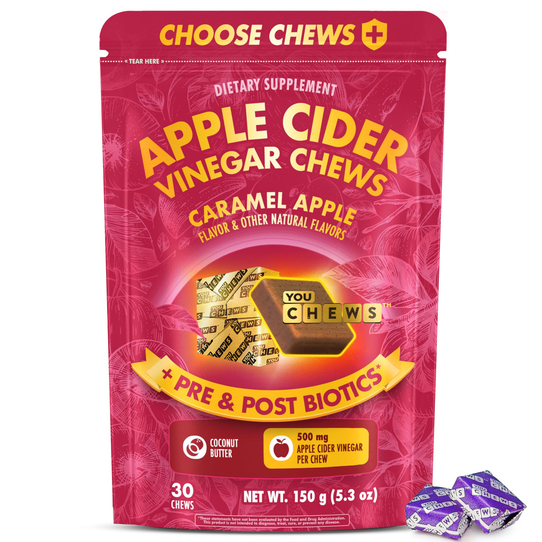 YouChews Apple Cider Vinegar Chews Better Than Apple Cider Gummies - Bloating Relief for Women and Men, 500mg Organic ACV with Prebiotics & Postbiotics, Low Sugar, Caramel Flavor, 30 Count YouChewsBuy Supplements Australia