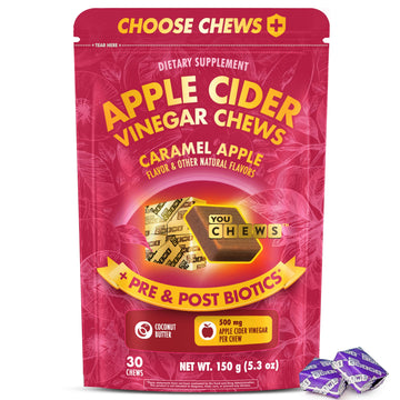 YouChews Apple Cider Vinegar Chews Better Than Apple Cider Gummies - Bloating Relief for Women and Men, 500mg Organic ACV with Prebiotics & Postbiotics, Low Sugar, Caramel Flavor, 30 Count YouChewsBuy Supplements Australia