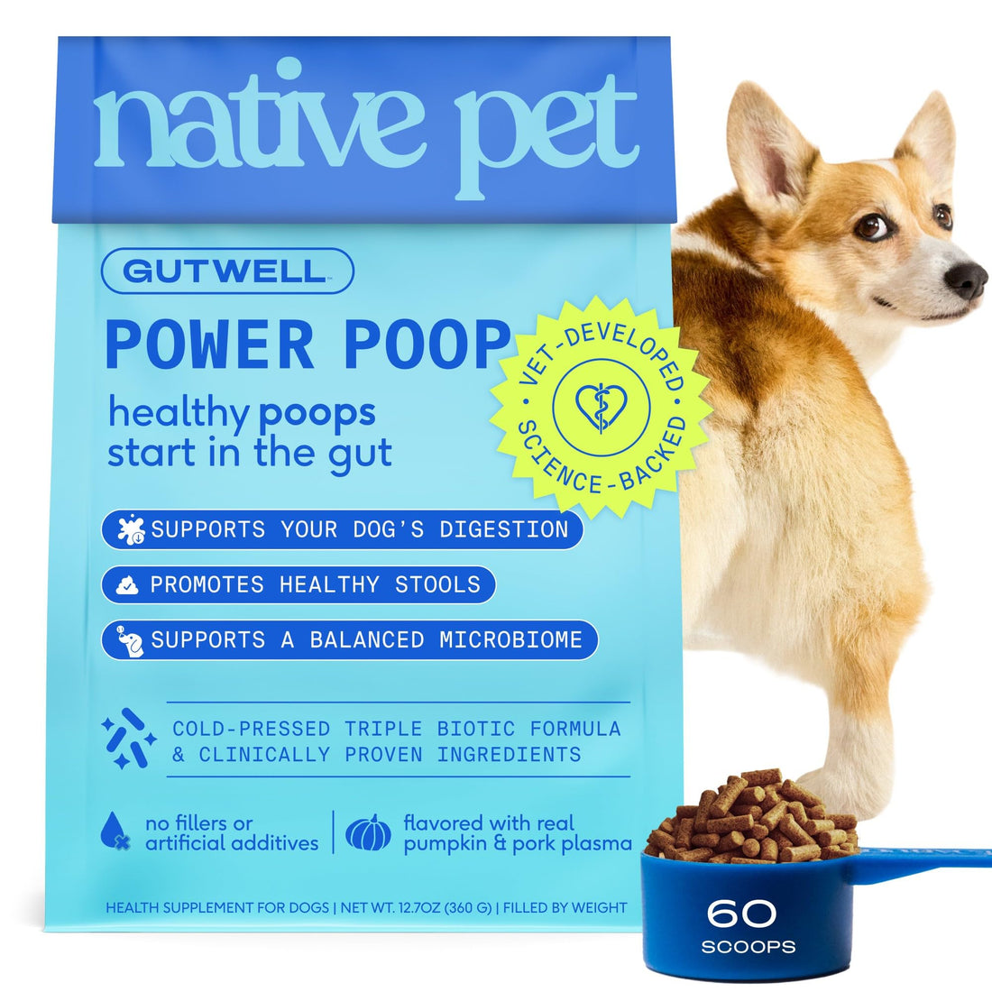 GutWell Power Poop - Digestive Enzymes & Fiber for Dogs - Dog Fiber Supplements Help with Diarrhea Relief, Upset Stomach, Pet Gas & Gut Health with Targeted Triple-Biotic Blend & M-Fiber - 60 Scoops Native PetBuy Supplements Australia