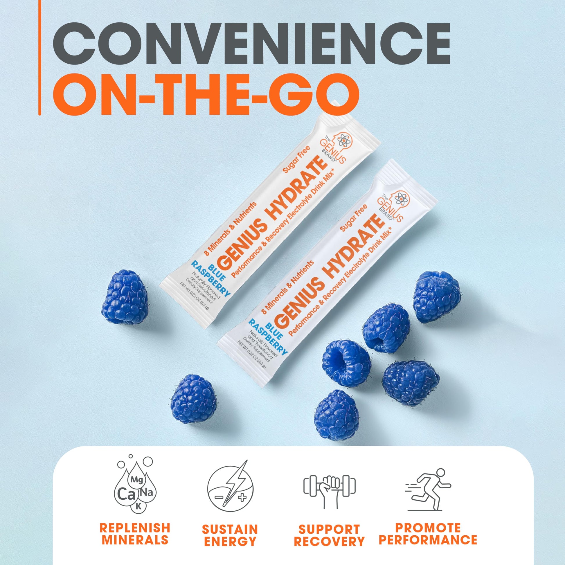 The Genius Brand - Genius Hydrate Stick Pack Powder Drink Mix – Blue Raspberry Flavor, Natural Electrolyte Booster with Coconut Water & Potassium for Ultimate Hydration - 20 Packets The Genius BrandBuy Supplements Australia