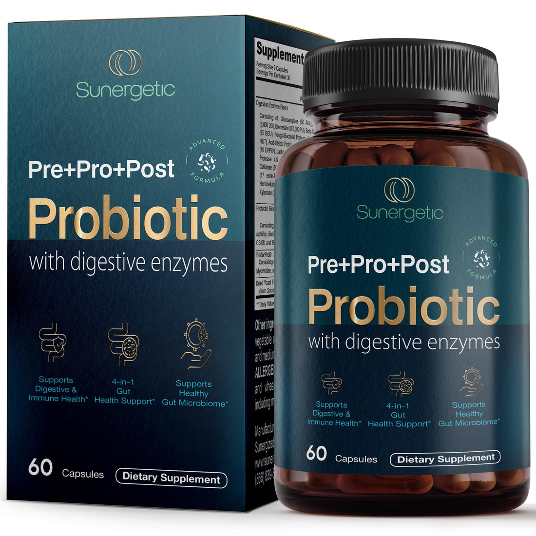 Premium 4-in-1 Probiotic Prebiotic, Postbiotic & Digestive Enzymes for Men & Women – Supports Gut, Digestion & Immunity –Complete Gut Health with Pre, Post, Probiotics & Digestive Enzymes–60 Capsules SunergeticBuy Supplements Australia