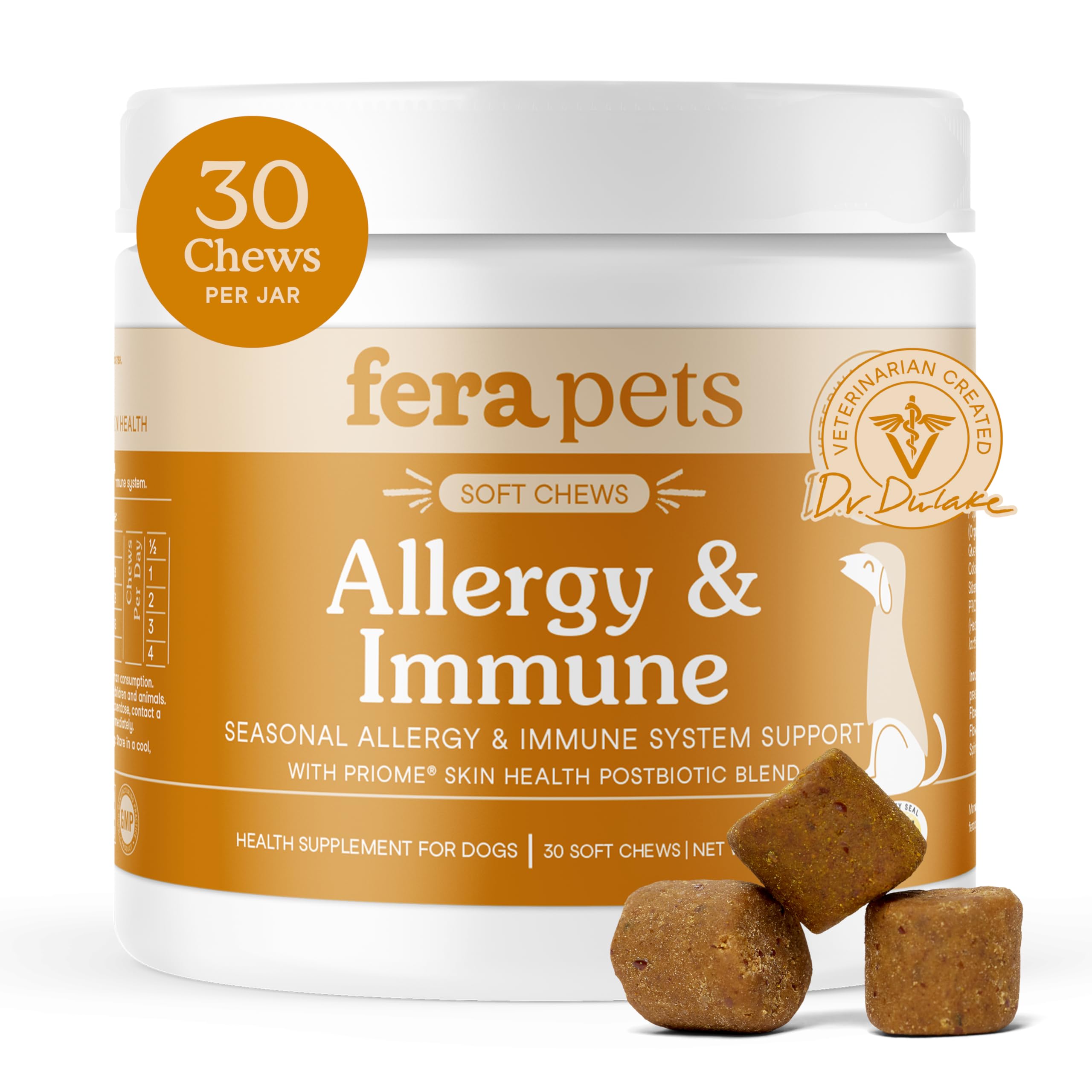 Fera Pets Dog Allergy and Immune Support with Organic Mushrooms, Postbiotics & Colostrum - Promotes Skin & Gut Health - Soothes Seasonal Allergy Symptoms - 30 Soft Chews Fera PetsBuy Supplements Australia