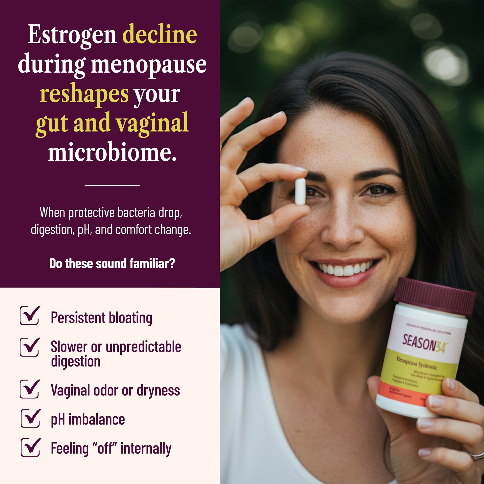 SEASON34 3-in-1 Menopause Probiotic for Women 40+ | Vaginal Care, pH, Odor & Intimate Comfort + Skin, Gut & Bloat Support | with Prebiotic Fiber & Postbiotics | 30 Capsules, 1 Month Supply SEASON34Buy Supplements Australia