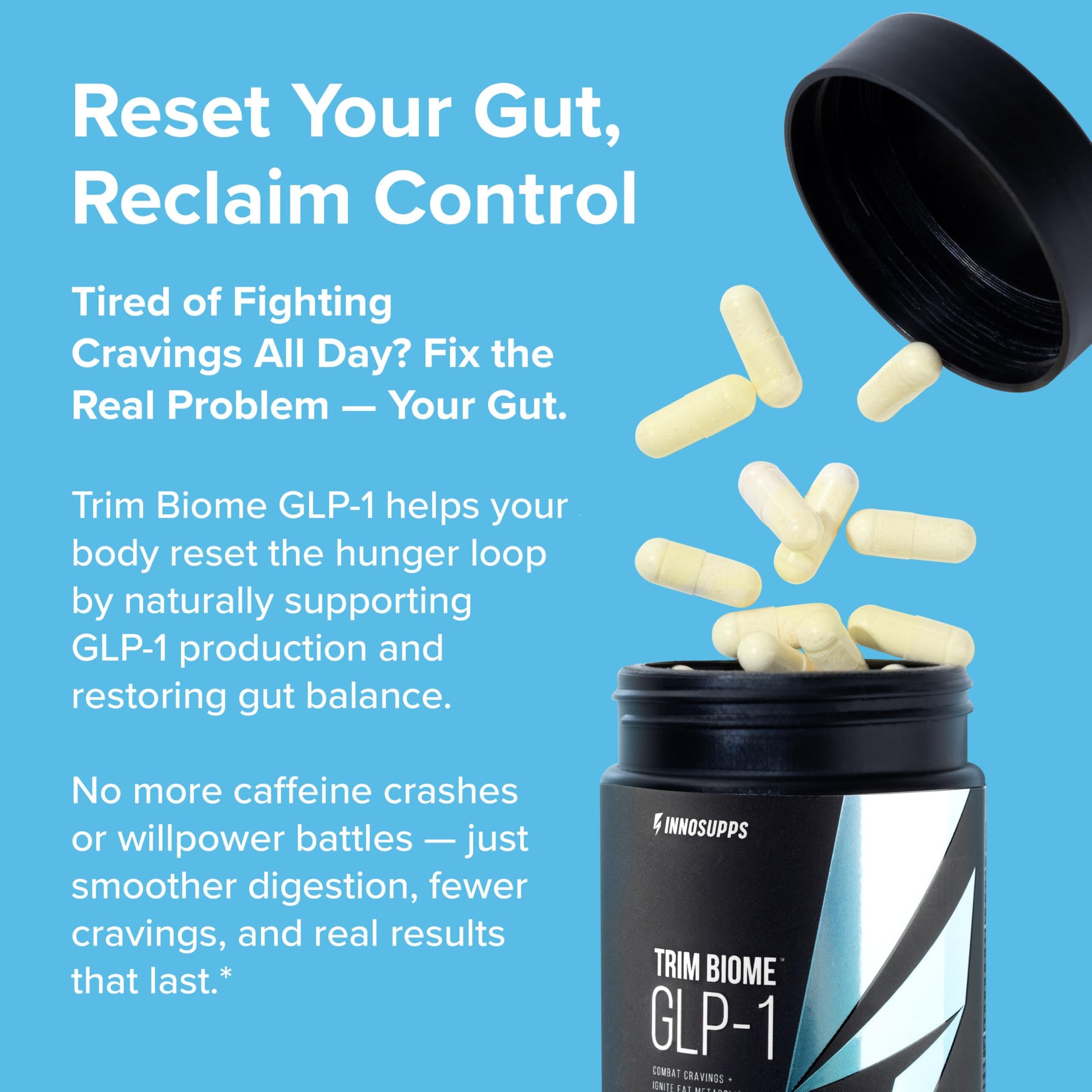 InnoSupps Trim Biome GLP-1 - Gut Health + Metabolic Support* - Prebiotic + Probiotic + Postbiotic - Akkermansia + Berberine - 60 Capsules. 30 Servings InnoSuppsBuy Supplements Australia