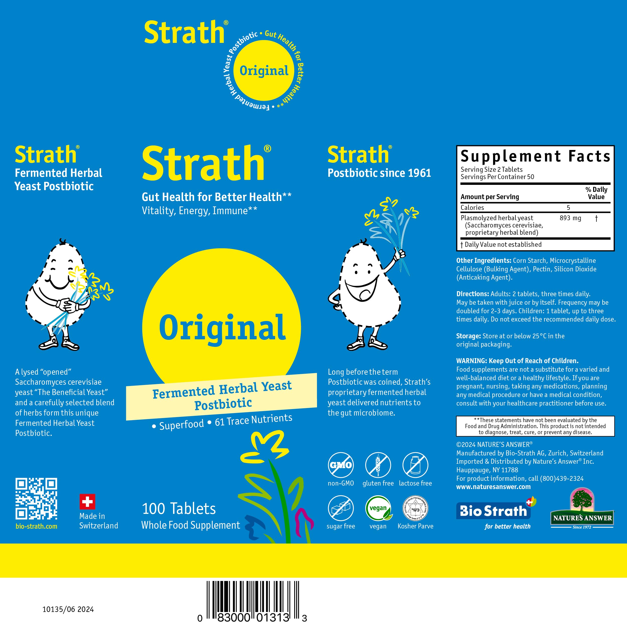 Strath Nutritional Yeast Tablets - Vegetarian, Lactose Free, Artificial Additive Free - Digestive Support, Nutrient Absorption - Unflavored Daily Supplement - Prebiotic and Postbiotic Bio-StrathBuy Supplements Australia