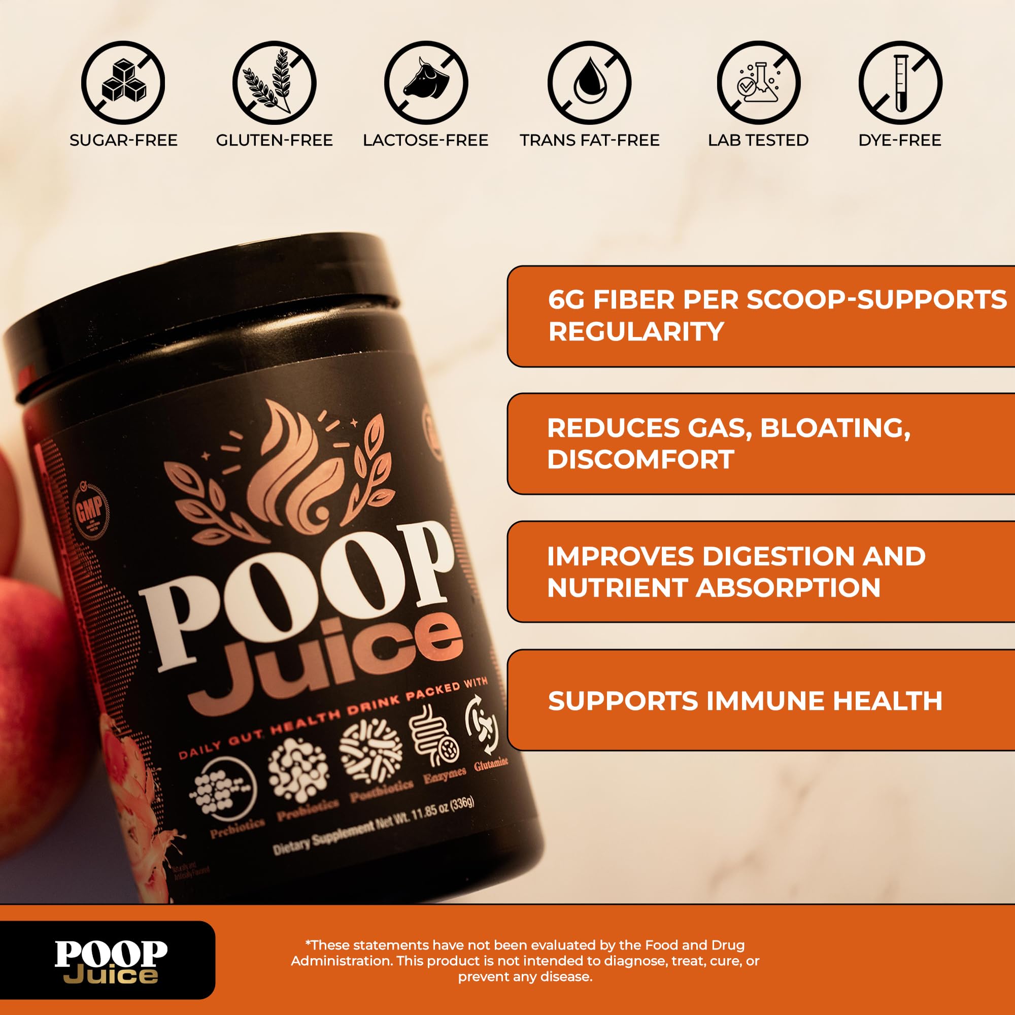 Poop Juice 5-in-1 Daily Fiber Supplement Powder - Bloat & Poop Relief - Prebiotic, Probiotic, Postbiotic, Digestive Enzymes, L-Glutamine - GLP-1 Support - Sugar-Free Georgia Peach Mango (30 Servings) Poop JuiceBuy Supplements Australia