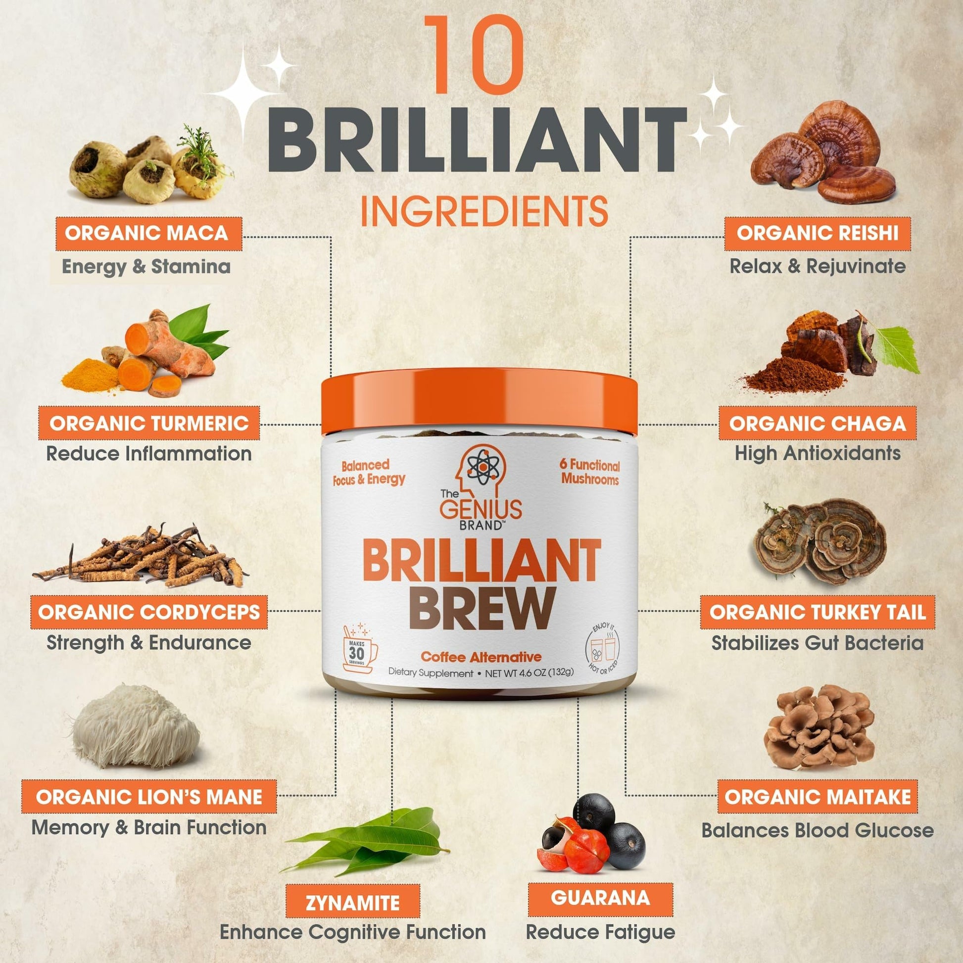 The Genius Brand Genius Brilliant Brew - Natural Coffee Substitute for Clear Thinking, Energy & Immune Support - No Crash or Jitters - Powered by Nootropics - Non-GMO - 30 Servings - Sweet Cocoa The Genius BrandBuy Supplements Australia