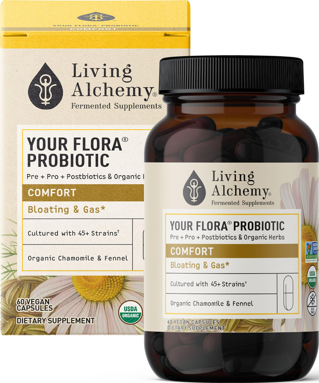 Your Flora Probiotic Comfort – Non-GMO Probiotics with Fermented Soybean, Chamomile, Fennel, Prebiotics, Digestive Enzymes for Digestion & Bloating – Prebiotics, Postbiotics – Living Alchemy, 60 Pcs Living AlchemyBuy Supplements Australia