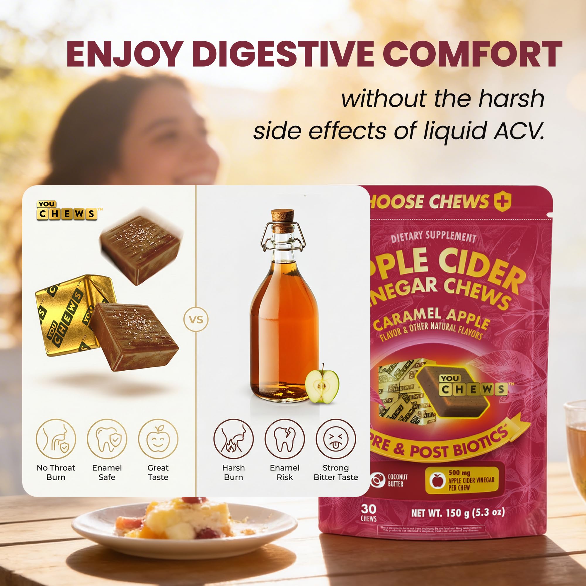 YouChews Apple Cider Vinegar Chews Better Than Apple Cider Gummies - Bloating Relief for Women and Men, 500mg Organic ACV with Prebiotics & Postbiotics, Low Sugar, Caramel Flavor, 30 Count YouChewsBuy Supplements Australia