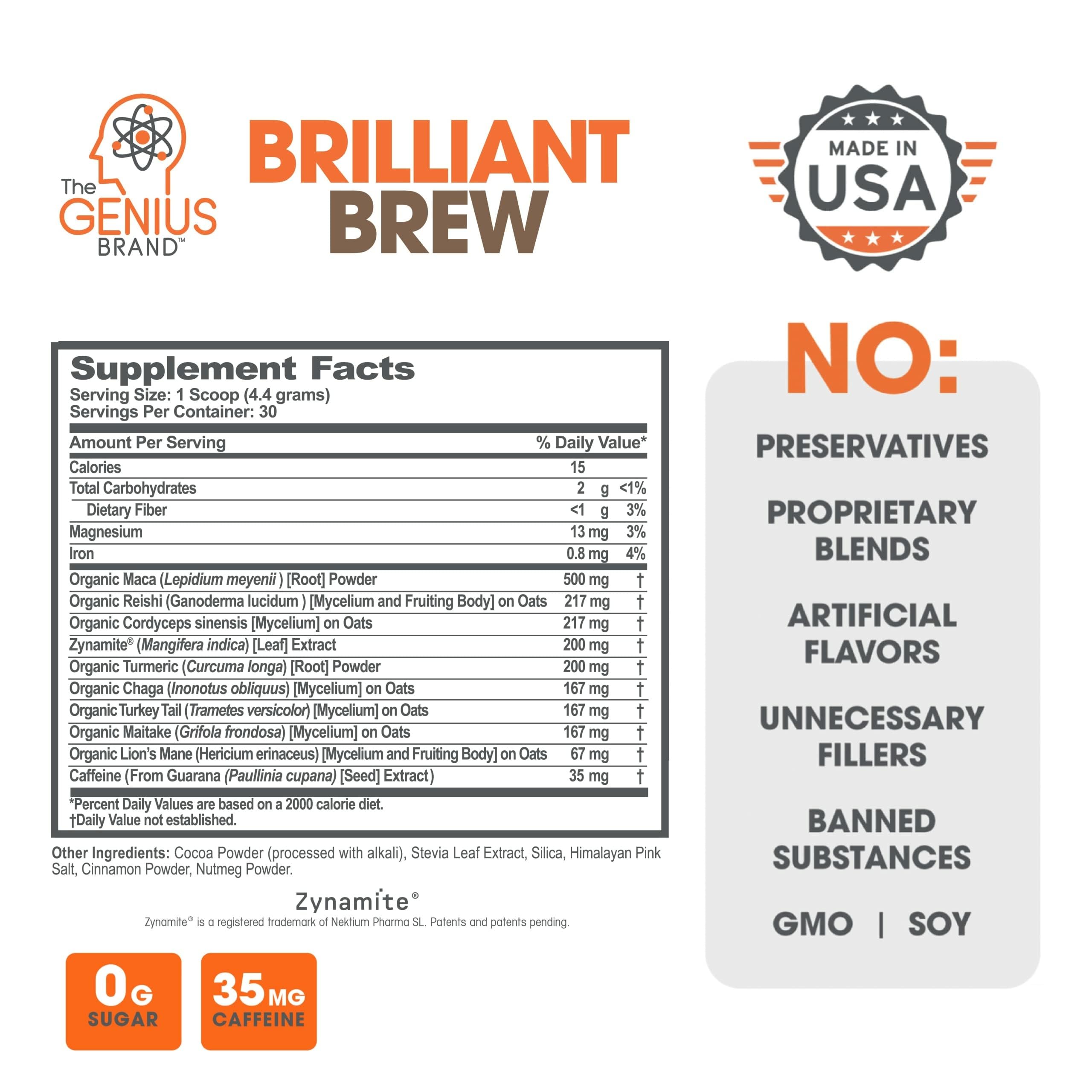 The Genius Brand Genius Brilliant Brew - Natural Coffee Substitute for Clear Thinking, Energy & Immune Support - No Crash or Jitters - Powered by Nootropics - Non-GMO - 30 Servings - Sweet Cocoa The Genius BrandBuy Supplements Australia