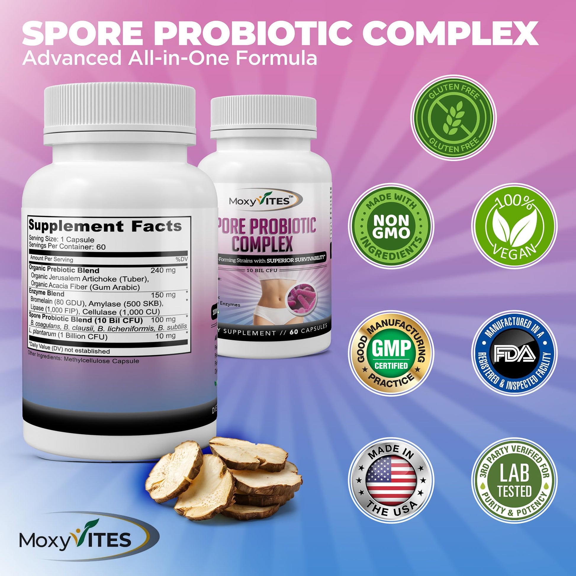 MoxyVites Spore Probiotic Complex - All In One Prebiotics and Probiotics for Digestive Health, Postbiotic, Digestive Enzymes Daily Supplement - Spore Based Probiotic for Women & Men MoxyVitesBuy Supplements Australia