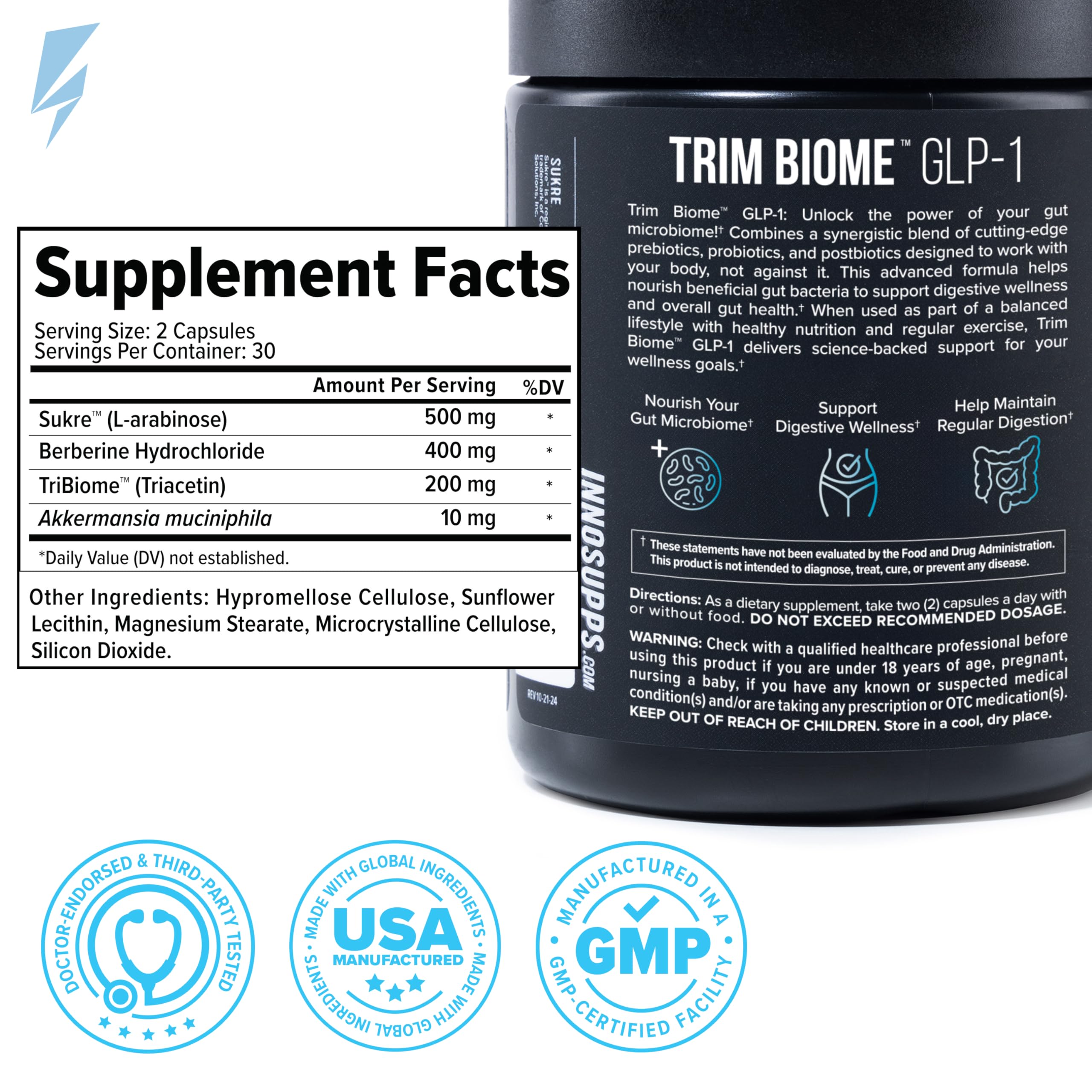 InnoSupps Trim Biome GLP-1 - Gut Health + Metabolic Support* - Prebiotic + Probiotic + Postbiotic - Akkermansia + Berberine - 60 Capsules. 30 Servings InnoSuppsBuy Supplements Australia