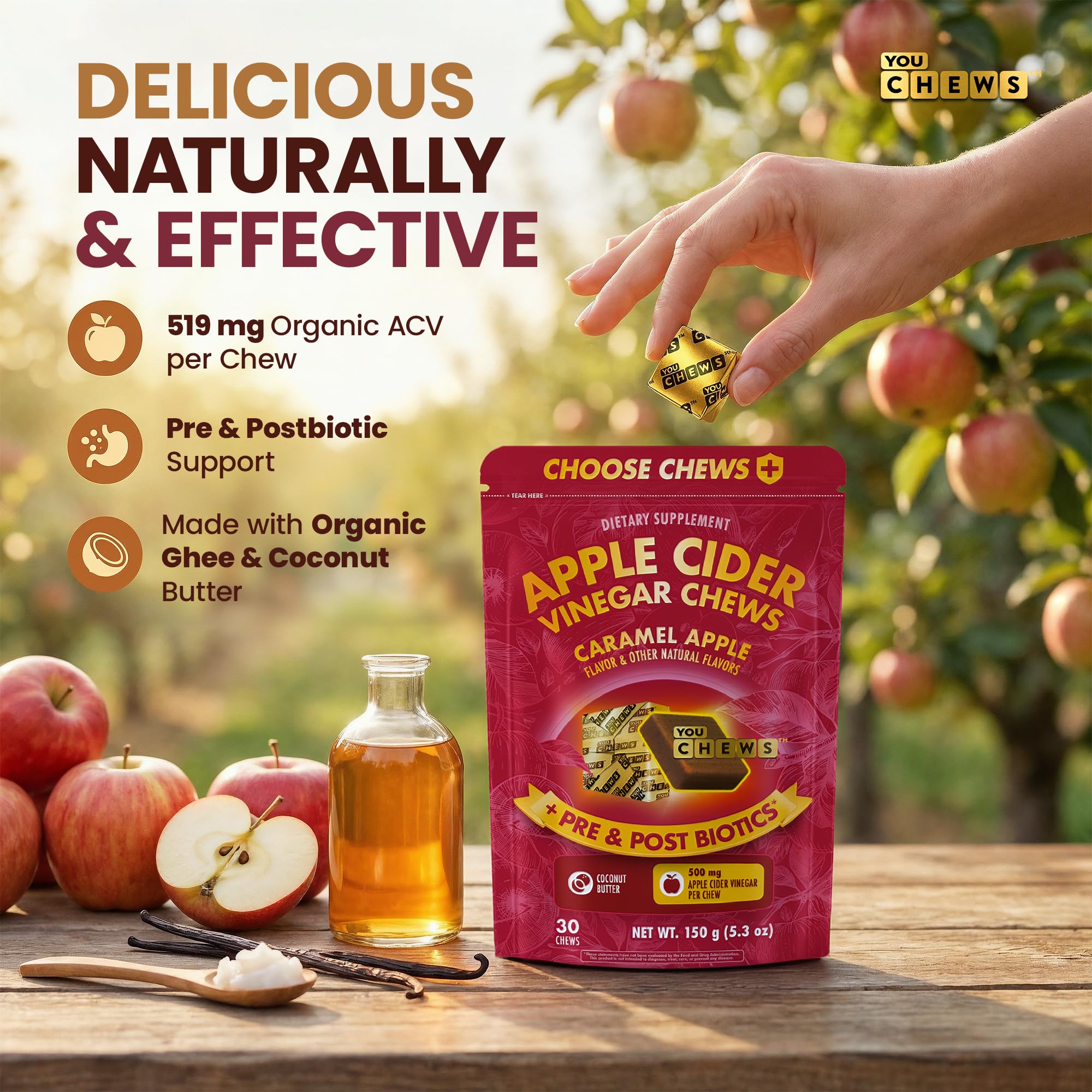 YouChews Apple Cider Vinegar Chews Better Than Apple Cider Gummies - Bloating Relief for Women and Men, 500mg Organic ACV with Prebiotics & Postbiotics, Low Sugar, Caramel Flavor, 30 Count YouChewsBuy Supplements Australia